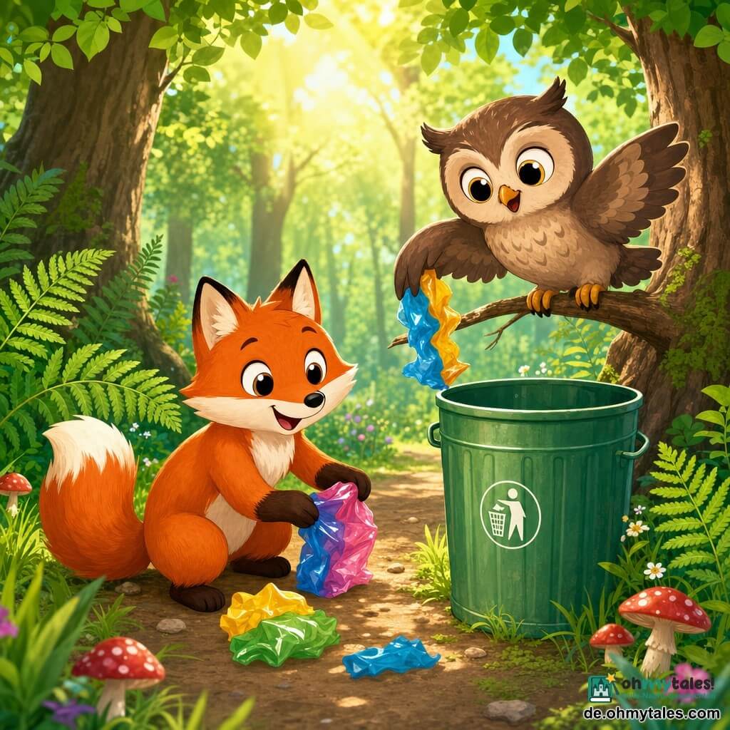 Ein kleiner roter Fuchs (Hauptfigur), fröhlich und entschlossen, mit runden, glänzenden Augen, orangefarbigem Fell und weißer Brust, hockt und hebt mit seinen Pfoten eine bunte Plastiktasche auf; eine bräunlich-graue Eule (Nebenfigur), sanft und lächelnd, mit großen runden Augen und leicht geöffneten Flügeln, sitzt auf einem niedrigen Ast neben dem Fuchs und hilft mit einer Kralle, eine weitere Tasche zu greifen; Schauplatz: sonnige Waldlichtung mit grünem Gras, Farnen, roten Pilzen, strukturierten braunen Baumstämmen und einem Erdweg, durch das Laub fallen goldene Sonnenstrahlen; Situation: die beiden Freunde sammeln bunten Müll auf und legen ihn nach und nach neben eine große grüne Metallmülltonne am Wegesrand, fröhliche, saubere und farbenfrohe Szene.