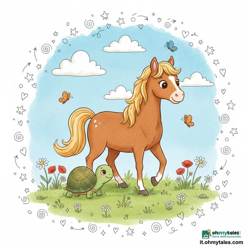 Un cavallo chiamato Fulmine, gioioso e sereno, dal manto marrone lucente e criniera dorata ondulata, occhi grandi e dolci, zoccoli puliti e una piccola stella bianca sulla fronte, cammina lentamente; accanto a lui una piccola tartaruga chiamata Titti, calma e maliziosa, con carapace verde sfumato a motivi geometrici, sorriso tranquillo e occhi lucenti, appoggiata su un filo d'erba fiorito. Luogo: un ampio prato verde punteggiato di margherite e papaveri, farfalle arancioni e blu che svolazzano e cielo azzurro con nuvole soffici. Situazione: Fulmine e Titti camminano fianco a fianco osservando fiori e farfalle, scena dolce e pacifica, colori caldi e contrasti semplici, composizione centrata e leggibile per i più piccoli, stile illustrazione per bambini con tratti spessi, texture acquerello e piccoli doodle (cuori, stelle, linee di movimento).