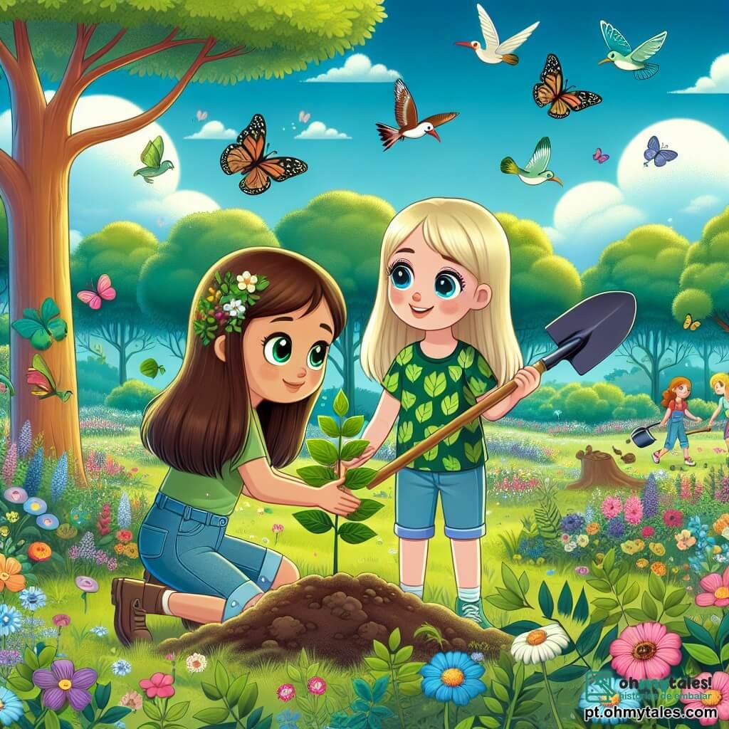 Uma menina de 12 anos, Lúcia, com longos cabelos castanhos e olhos cheios de curiosidade, está no centro da imagem, sorridente e cheia de energia, plantando uma pequena muda de árvore na terra. Ela usa uma camiseta verde com um padrão de folha e um short jeans, suas mãos estão levemente sujas de terra, mostrando seu compromisso com a natureza. Ao seu lado, sua melhor amiga Clara, também de 12 anos, com cabelos loiros trançados e óculos redondos, a incentiva com um grande sorriso, segurando uma pá nas mãos. Clara está vestida com uma camiseta azul e calças leves, pronta para ajudar Lúcia nessa bela missão ecológica. O cenário é uma reserva natural verdejante, cheia de árvores majestosas, flores coloridas e um céu azul brilhante. Pássaros coloridos voam pelo ar e borboletas dançam ao redor das flores, criando uma atmosfera alegre e vibrante. A situação principal mostra Lúcia e Clara, engajadas em uma ação coletiva para salvar a natureza, plantando árvores e limpando o parque, simbolizando a importância da ecologia e do trabalho em equipe para preservar o ambiente.