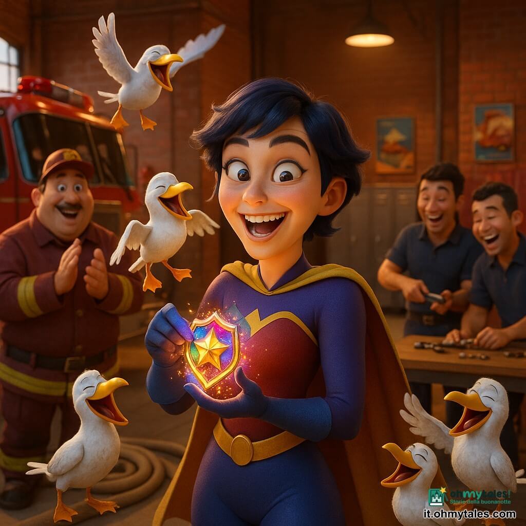 Stella, supereroina sorridente e maliziosa, occhi vivaci, capelli corti blu notte, costume colorato con mantellina, tiene tra le mani un distintivo luminoso riparato e ammicca ridendo; il Capitano Sorriso, pompiere paffuto sulla quarantina dal volto gioviale, in uniforme rosso scuro, applaude sorpreso vicino a un camion dei pompieri; due pompieri adulti (uomini), uno sulla ventina e l’altro sulla trentina, si passano attrezzi ridendo accanto a un tavolo con pinze e viti; alcuni gabbiani ridanciani volteggiano in cerchio attorno al distintivo, ali spiegate e piume rizzate con espressione comica; la scena si svolge nella grande caserma illuminata con pareti di mattoni rossi, armadietti metallici, camion lucidi, manichette arrotolate e manifesti colorati; situazione principale: momento gioioso e dinamico in cui Stella attiva il distintivo che emette una luce scintillante multicolore, facendo ridere i gabbiani e provocando una piccola agitazione comica tra i pompieri.