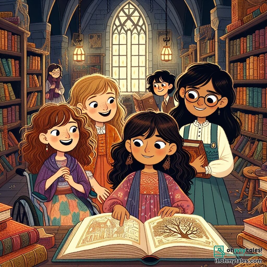Al centro dell'immagine, quattro amiche si trovano in una biblioteca antica e misteriosa. Sofia, una ragazza di 10 anni con capelli ricci e castani, indossa un vestito colorato e guarda con curiosità un vecchio libro aperto. Giulia, di 9 anni con capelli biondi e una frangia, sorride tenendo un libro tra le braccia. Marta, di 11 anni in sedia a rotelle, ha capelli castani e occhiali; osserva attentamente un grande albero disegnato su una mappa. Laura, di 10 anni con capelli lisci e neri, si piega per leggere un passaggio nel libro. La biblioteca è piena di vecchi libri colorati, con scaffali in legno scuro e finestre decorate da vetrate che filtrano una luce dorata. Le quattro amiche scoprono una mappa antica che le porta a un'avventura per ritrovare un medaglione magico, simbolo di amicizia e coraggio.