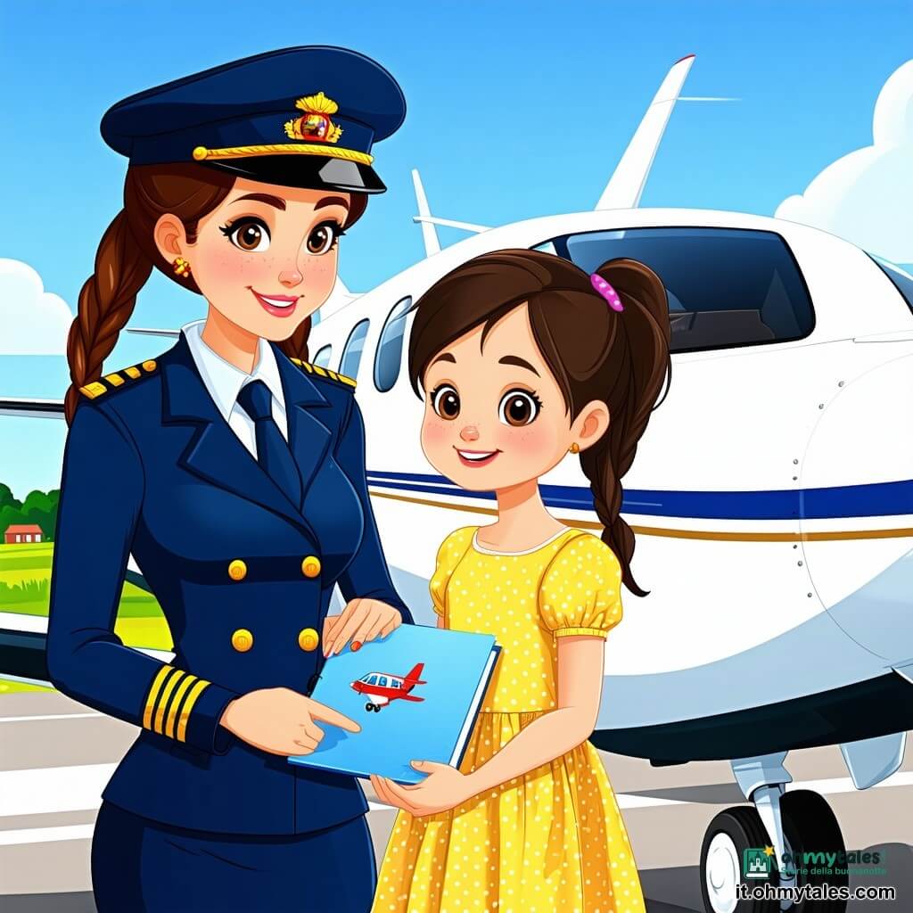 Una pilota di circa 35 anni dal volto dolce e sorriso sereno, con giacca di uniforme blu scuro e stellette dorate e capelli castani corti, stringe contro il petto un taccuino azzurro mentre riceve un disegno; una bambina di circa 6 anni con due trecce brune e vestito giallo a pois porge timidamente un disegno colorato di un aereo sorridente vicino alla porta dell'aereo; un copilota di circa 30 anni dai capelli neri, sguardo attento, è seduto nel cockpit sullo sfondo con una mano sulla manetta; l'aereo è fermo alla porta, cabina luminosa con sedili pastello blu e verdi, luce calda del tramonto che filtra dai finestrini e un piccolo corridoio visibile; situazione principale: dopo l'atterraggio la pilota riceve il disegno con gesto tenero e caloroso, atmosfera calma e riconoscente, espressione di compassione e orgoglio sul suo volto.
