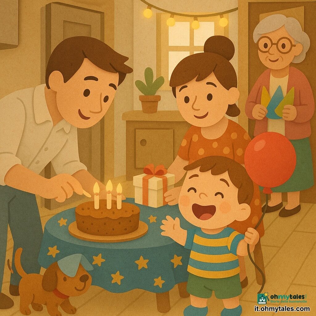 Un bambino di 2 anni dal viso rotondo, capelli castani corti e sguardo raggiante tiene un palloncino rosso sorridendo; indossa una maglietta a righe blu e gialle e pantaloncini verdi. Dietro il tavolo la mamma (circa 30 anni) con capelli castani raccolti e vestito a pois posa una piccola scatola regalo e sorride; a sinistra il papà (circa 32 anni) in camicia chiara accende tre candeline su una torta alla banana chinandosi verso il bambino. La nonna (circa 65 anni) con occhiali rotondi e cardigan rosa vicino alla porta tiene cappellini di carta e osserva con tenerezza. Il cane Pino, piccolo e marrone, scodinzola sul pavimento con un cappellino di carta sugli occhi. La cucina è calda e accogliente con pavimento in legno chiaro, tavolo rotondo con tovaglia a stelle, ghirlande di lucine gialle appese e luce mattutina che entra dalle finestre. Situazione: festa di compleanno intima e gioiosa, colori vivaci, texture da carta ritagliata, forme semplici e compositive incentrate sul bambino e sulla torta.
