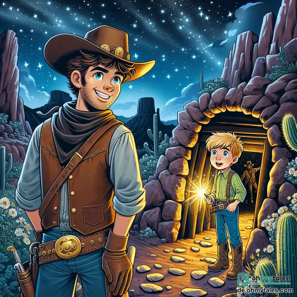 Ein junger Cowboy namens Jake, etwa 20 Jahre alt, mit einem breiten Lächeln, zerzausten braunen Haaren und einem Cowboyhut, steht mutig vor dem Eingang einer alten Mine. Seine Augen leuchten vor Aufregung und Entschlossenheit, während er in das dunkle Innere der Mine blickt. Neben ihm steht sein bester Freund Tom, ein 10-jähriger Junge mit blonden Haaren und Sommersprossen, der mit einer Mischung aus Angst und Begeisterung schaut und eine Taschenlampe in den Händen hält. Die Szenerie zeigt eine sternenklare Nacht im Wilden Westen, mit Bergen im Hintergrund und einem Himmel voller funkelnder Sterne. Der Eingang der Mine ist von Felsen und Kakteen umgeben, was eine geheimnisvolle und abenteuerliche Atmosphäre schafft. Jake und Tom bereiten sich darauf vor, in die Mine einzutreten, um dem gefürchteten Banditen Black Bart entgegenzutreten, der sich darin versteckt und bereit ist, sie herauszufordern.