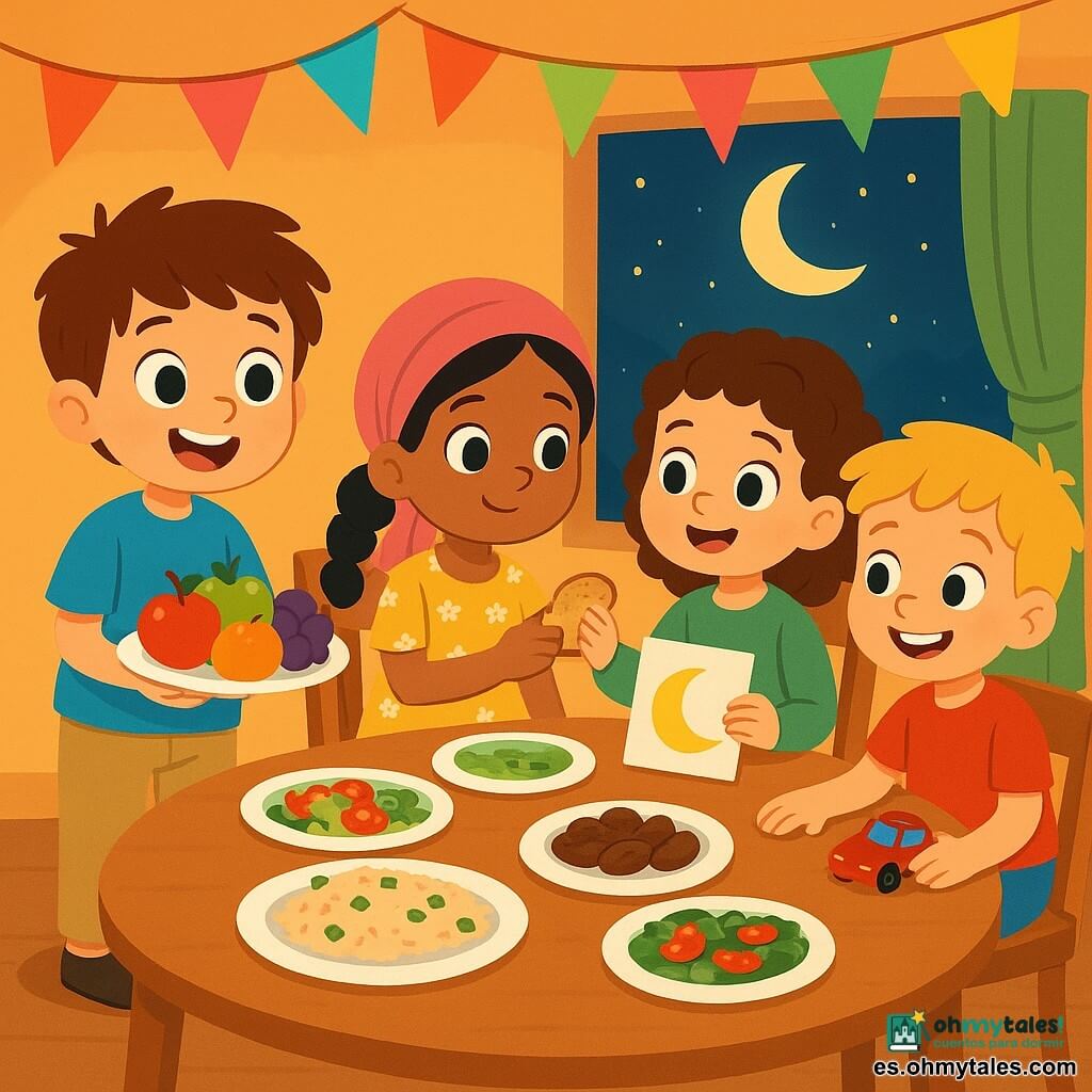 Hay 4 niños: Sami, un niño de casi 4 años con cabello castaño desordenado y grandes ojos curiosos, vestido con una camiseta azul y pantalones beige, sonríe mientras sostiene un plato de frutas. Amina, una niña de 4 años con trenzas negras y un bonito pañuelo rosa, lleva un vestido amarillo con flores y está sentada en una silla compartiendo un trozo de pan con Nuria. Nuria, también de 4 años, tiene cabello castaño rizado y viste una blusa verde, sonríe mientras sostiene un dibujo de la luna. Leo, un niño de 4 años con cabello rubio y una sonrisa traviesa, lleva una camiseta roja y un pantalón corto azul, y está sentado frente a Sami con un pequeño juguete de coche rojo sobre la mesa. El lugar es un comedor acogedor con una gran mesa redonda de madera decorada con platos de comida colorida, iluminada por luces suaves y guirnaldas de papel de colores. Los niños están reunidos alrededor de la mesa, riendo y compartiendo comida, mientras Sami explica a sus amigos cómo preparó la mesa para la comida del Ramadán, creando una atmósfera de paz y alegría.