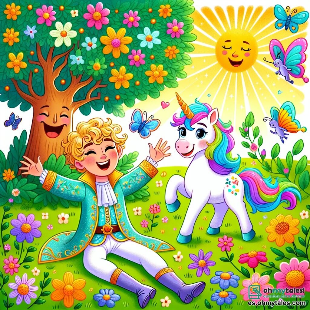 Un príncipe alegre, de unos 10 años, con cabello rizado rubio y una sonrisa brillante, está sentado en la hierba verde, rodeado de flores coloridas. Lleva una túnica azul celeste adornada con motivos dorados y un pantalón blanco. A su lado, una pequeña unicornio llamada Lila, con una melena arcoíris y un cuerno brillante, salta de alegría, con ojos chispeantes de felicidad. Al fondo, un árbol parlante, con una cara sonriente y ramas frondosas, se erige majestuosamente, añadiendo un toque mágico a la escena. El lugar es un hermoso bosque encantado, lleno de flores brillantes, mariposas revoloteando y rayos de sol filtrándose a través de las hojas. La situación principal muestra al príncipe y a Lila descubriendo una gran tarta de chocolate escondida bajo un arbusto, con sus rostros iluminados por la emoción y el anhelo, listos para disfrutar de este delicioso hallazgo.