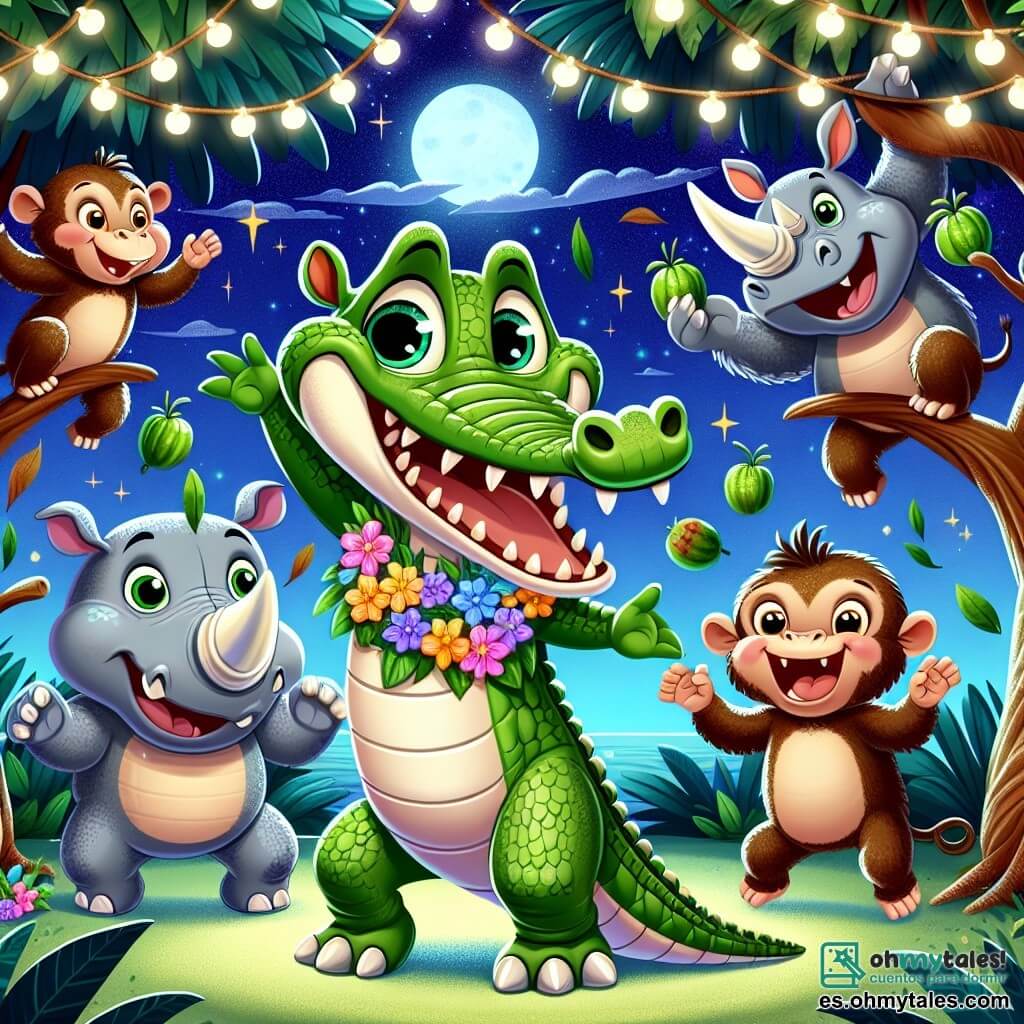 Un cocodrilo llamado Caco, con piel verde brillante y ojos llenos de curiosidad, baila alegremente en medio de una fiesta animada en la jungla. Tiene una gran sonrisa que muestra sus dientes blancos y afilados, y lleva un collar de flores coloridas alrededor del cuello. A su lado, Roco, el rinoceronte, con su piel gris y grandes orejas, aplaude riendo, mientras un grupo de pequeños monos de pelaje marrón y ojos traviesos se balancea de rama en rama, lanzando frutas al aire. La escena transcurre bajo un cielo estrellado, con majestuosos árboles de hojas verdes brillantes y luces centelleantes colgadas entre las ramas, creando un ambiente festivo y mágico. Caco, en plena danza, atrae la atención de todos los animales, celebrando juntos la alegría y la amistad en la jungla.