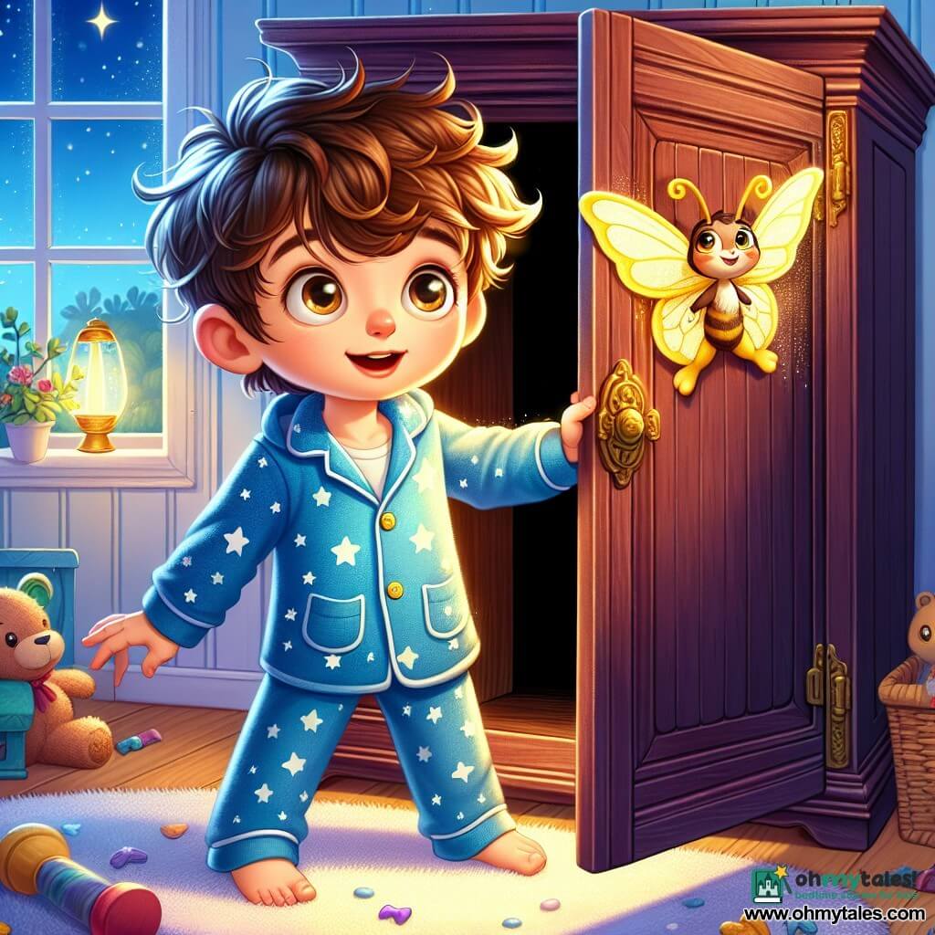 An 8-year-old boy, Leo, stands in front of a large dark wooden wardrobe, his eyes wide and sparkling with excitement and curiosity. He has messy brown hair and is wearing blue pajamas with white stars. He reaches out a trembling hand towards the wardrobe door, as if about to enter a mysterious world. Next to him, a small glowing butterfly named Dusty, with golden wings and sparkling eyes, flutters around his head, emitting a soft glow. Dusty seems encouraging, ready to guide Leo on his adventure. The setting is a cozy child's room, with light blue walls, a fluffy rug, and scattered toys. Moonlight filters through the window, creating dancing shadows on the floor. The main scene shows Leo, hesitant yet determined, ready to open the wardrobe that seems to whisper secrets. The atmosphere is both intriguing and slightly unsettling, with a touch of magic in the air.