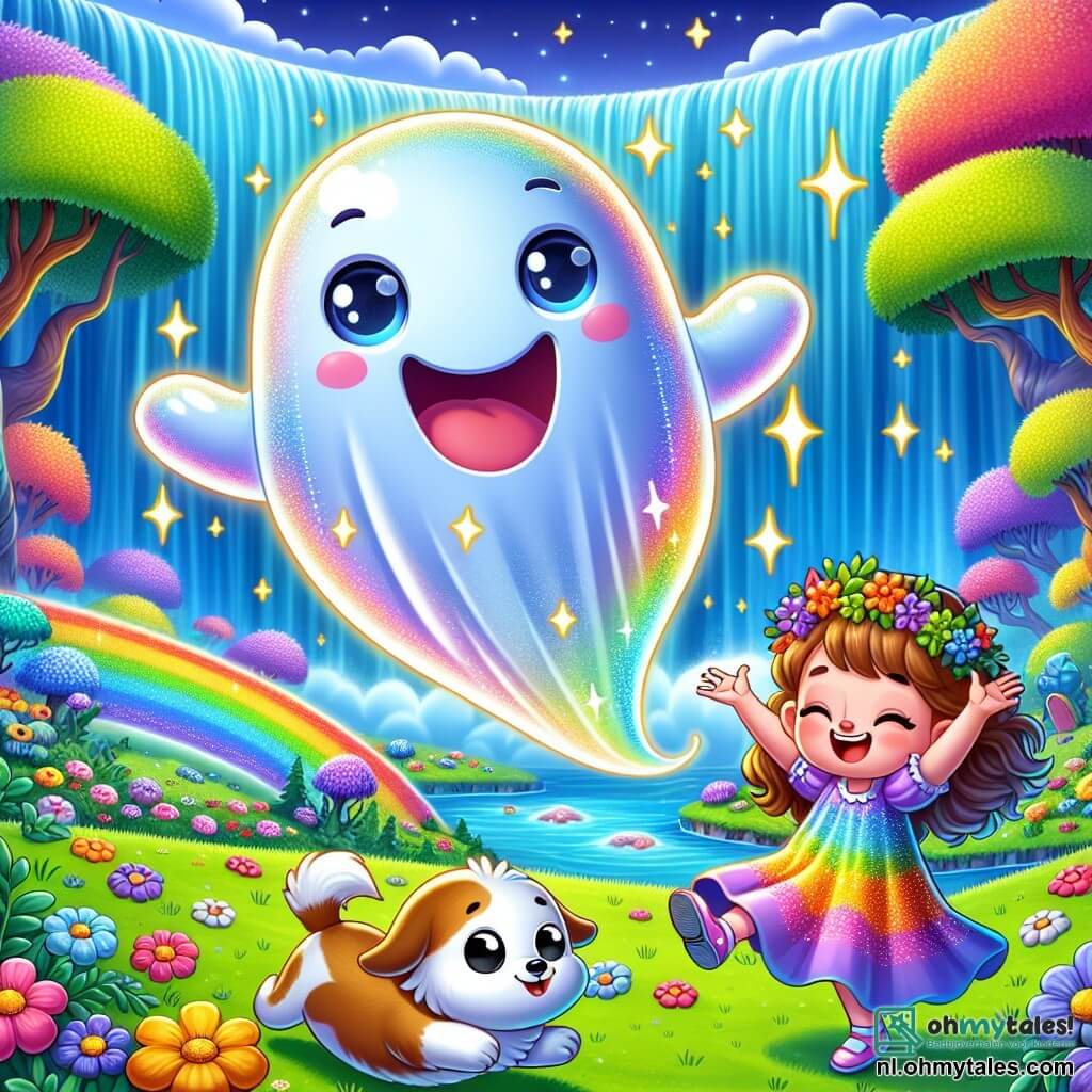 Een glimlachende geest, genaamd Spooky, zweeft vrolijk boven een prachtige, kleurrijke waterval. Hij heeft een ronde, doorschijnende vorm, met sprankelende ogen vol ondeugendheid en een grote sterrenhoed op zijn hoofd. Spooky danst in de lucht, zijn etherische armen enthousiast uitgestrekt. Naast hem lacht Lila, een 8-jarig meisje met lange, krullende haren en een kleurrijke jurk. Ze springt op het groene gras met opgeheven armen, vol vreugde. Iets verderop rolt Blaf, haar hond met een bruine vacht en een groene staart, in het gras, met zijn oren omhoog, klaar om te spelen. De setting is een betoverende scène: de waterval laat sprankelend water stromen in een regenboog van felle kleuren, omringd door dansende bloemen en grote, glimlachende bomen. De lucht is helderblauw met donzige wolken. De hoofdscène toont Lila, Spooky en Blaf die samen dansen en lachen onder de waterval, wat een vrolijke en magische feeststemming creëert, vol geluk en kameraadschap.