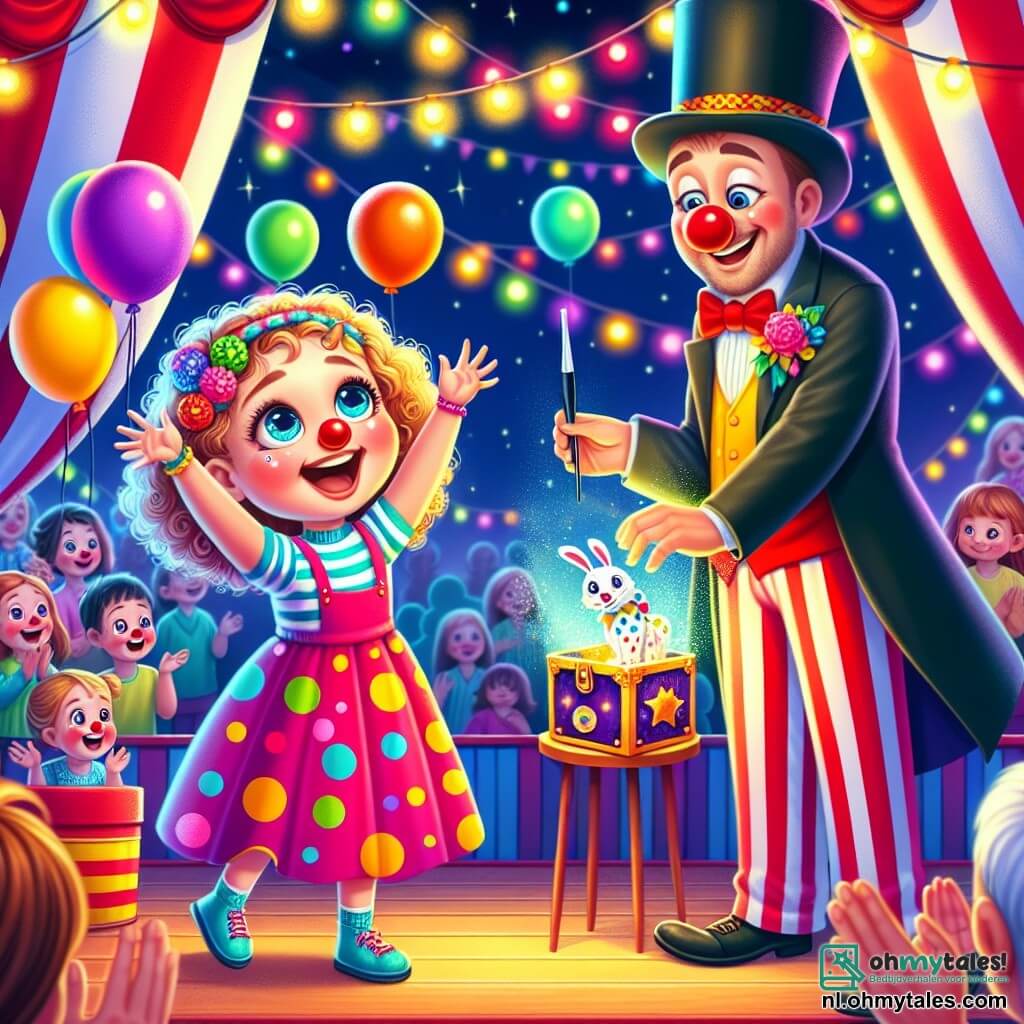Een klein meisje van 2 jaar, Lotte, met grote glanzende ogen en krullend haar, draagt een kleurrijke jurk met stippen. Ze glimlacht verwonderd, met haar armen in de lucht, vol vreugde voor de show. Naast haar staat een blije clown van ongeveer 30 jaar, met een rode neus, gekleurde haren en een grote glimlach, die met multicolore ballen jongleert. Hij staat een beetje op de achtergrond en trekt Lotte's aandacht. Een goochelaar, een man van ongeveer 40 jaar, met een grote zwarte cape en een hoge hoed, staat naast een grote magische kist, klaar om een konijn tevoorschijn te toveren. Hij kijkt Lotte aan met een bemoedigende glimlach. De locatie is een levendig en kleurrijk circus, met rood-witte gestreepte tenten, fonkelende lichten en ballonnen die in de lucht zweven. Verwonderde toeschouwers zitten op houten banken en applaudisseren enthousiast. De hoofdscène toont Lotte, gefascineerd door de goochelaar die net een konijn uit zijn hoed heeft tevoorschijn gehaald, terwijl ze een kleine toverstok vasthoudt, klaar om deel te nemen aan de magie van het circus.