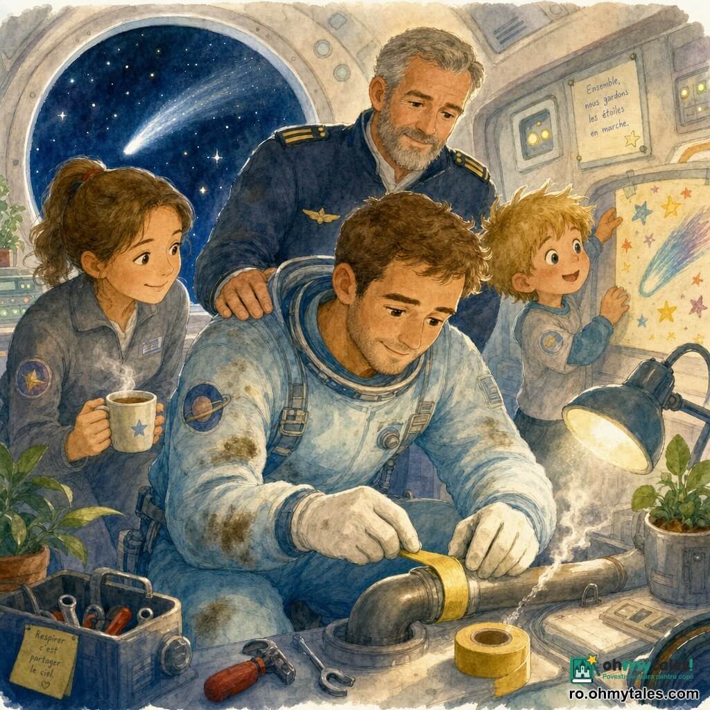 Un inginer bărbat, față blândă și zâmbitoare, păr scurt brun, ochi calmi, poartă costum spațial bleu deschis cu urme ușoare de grăsime; este concentrat și liniștit, îngenuncheat reparând un furtun mic cu mâini precise și mănuși albe. O colegă de circa 30 de ani, păr prins, tunică gri, ține o ceașcă de ceai fierbinte și zâmbește, stând în stânga, gata să ajute. Un băiat de aproximativ 7 ani, păr blond zburlit, arată un desen colorat cu stele agățat pe perete, privind uimit în dreapta. Un căpitan matur, barbă scurtă gri, poartă vestă închisă cu epoleți și pune o mână încurajatoare pe umărul inginerului. Locul: interiorul unei navete mici, pereți curbați sidefați, panouri cu butoane luminoase, ghivece cu plante, o fereastră rotundă cu cer înstelat și o cometă argintie. Scena: reparație calmă a unei scurgeri de aer; bandă adezivă galbenă pe furtun, lampă blândă, gesturi precise, atmosferă călduroasă. Stil: acuarelă pastel, contururi ușor neclare, textură de hârtie, expresii primitoare.