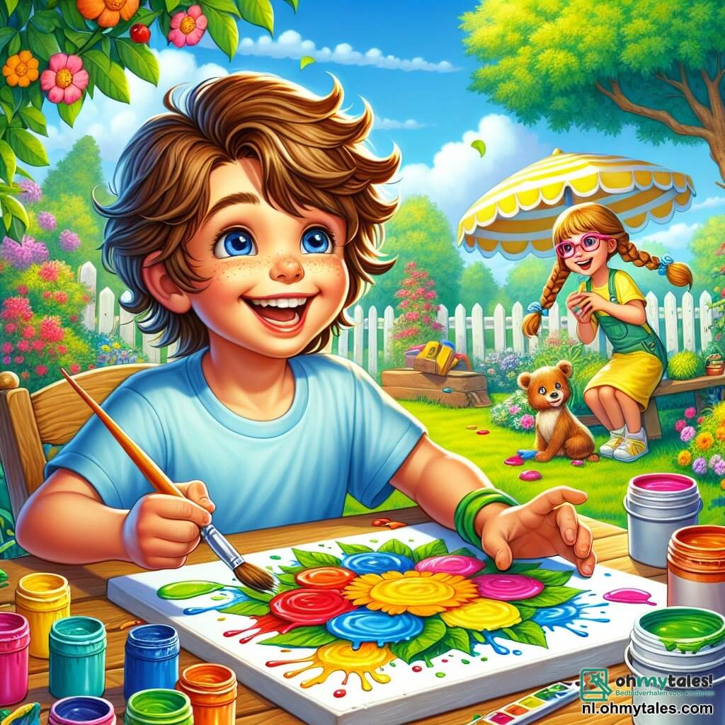 Een 8-jarig meisje, Max, met rommelig bruin haar en een grote blije glimlach, zit aan een houten tafel in zijn tuin, omringd door kleurrijke verfpotten. Hij draagt een lichtblauw t-shirt en een gele short, zijn handen zijn bedekt met verf, en hij is bezig een groot schilderij te maken met felle kleuren. Naast hem observeert zijn beste vriendin Lisa, een 8-jarig meisje met gevlochten blond haar en roze brillen, aandachtig het schilderij terwijl ze een penseel vasthoudt. Iets verderop is Tim, een 8-jarige jongen met kastanjebruin haar en een groene t-shirt, bladeren aan het verzamelen om ze met een loep te bekijken, gefascineerd door de details van de natuur. De tuin is vol met kleurrijke bloemen, groene bomen en een goed onderhouden gazon, onder een stralende blauwe lucht. Achterin zijn er verspreide speelgoedjes en een oude gestreepte parasol die een vleugje kleur aan de scène toevoegt. De hoofdscène toont Max en zijn vrienden terwijl ze samen kunstwerken maken, lachend en zich vermakend, terwijl ze genieten van de warmte van de zomerse zon.