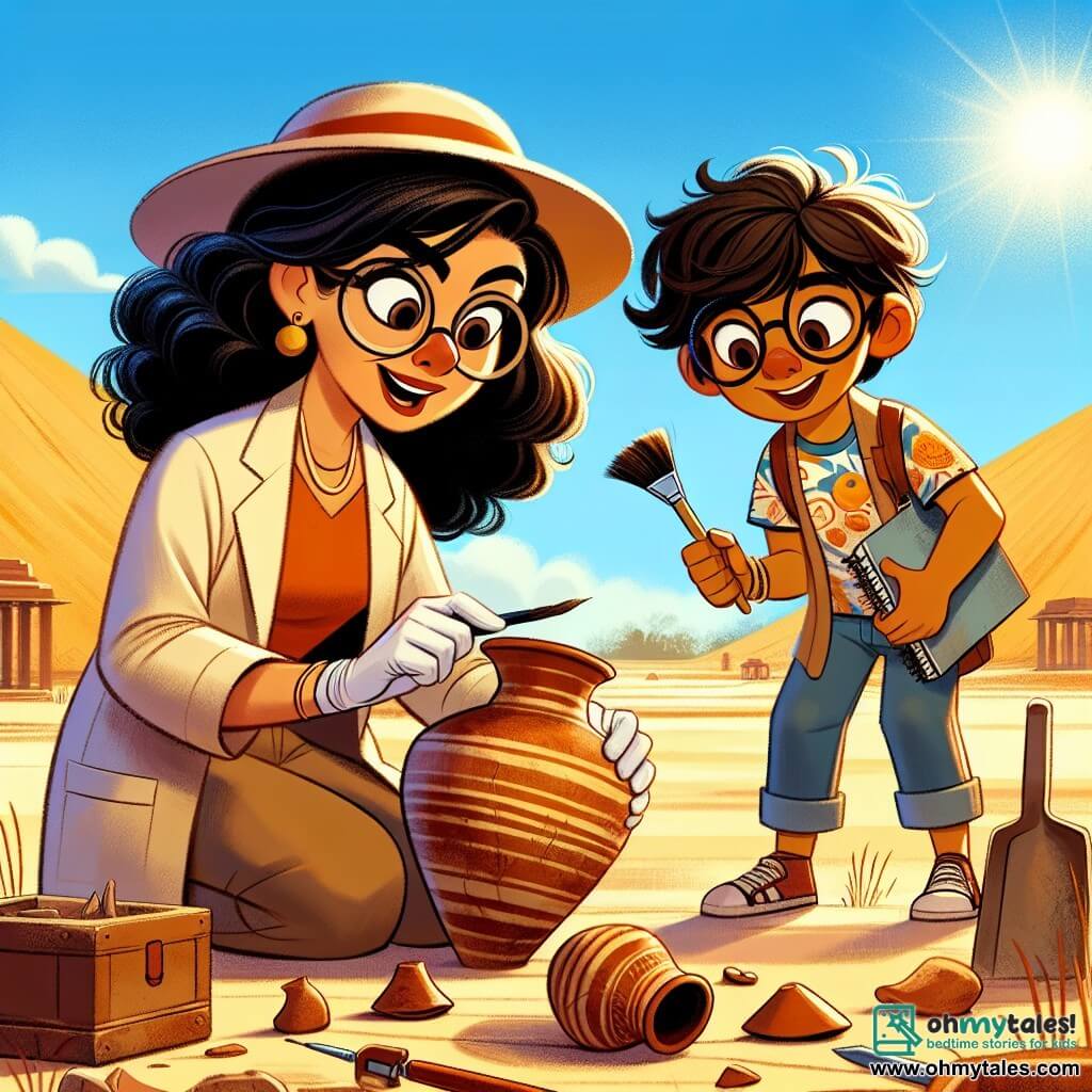 Dr. Priya, a woman in her thirties with curly black hair, wears a beige lab coat and a wide-brimmed sun hat. She has a look of wonder and focus as she leans down to examine an ancient clay pot, brush in hand, at a sunny archaeological site. Next to her, Ravi, a twelve-year-old boy with messy brown hair and a colorful t-shirt, observes with fascination. He holds a sketchbook and takes notes, his eyes shining with excitement. The setting is a vast archaeological site in India, surrounded by golden sand dunes under a bright blue sky. Archaeological tools are scattered around, and pieces of pottery emerge from the ground, revealing an ancient civilization. The main scene shows Dr. Priya and Ravi discovering an ancient pot together, symbolizing their quest for knowledge and wonder at the mysteries of the past.