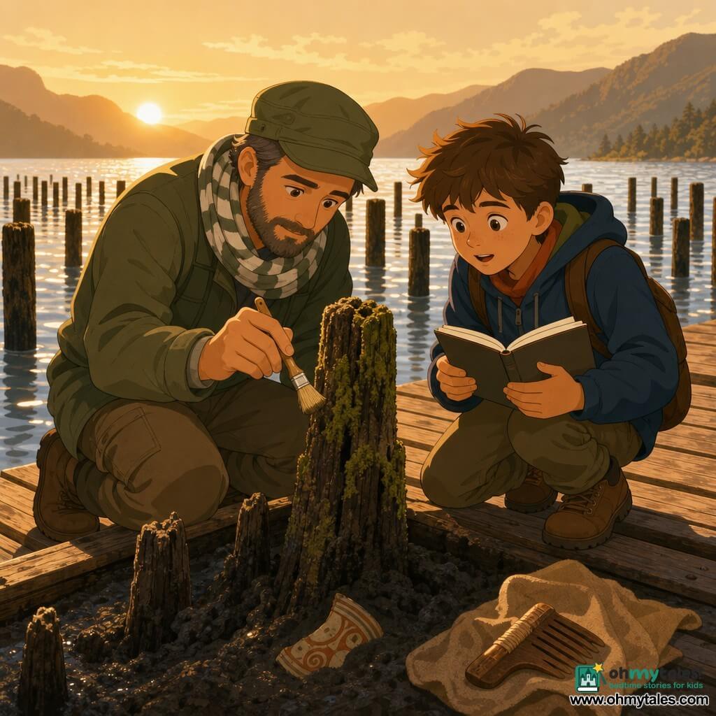 A gentle, focused archaeologist kneels on a driftwood walkway wearing a green cap and striped scarf, delicately brushing a moss-covered post with a small brush; to his right, an amazed twelve-year-old apprentice with tousled hair leans in holding an open notebook. Around them, blackened wooden pilings form a regular grid above a silver lake with bright reflections and small waves, misty mountain shores in the background. In the foreground a half-buried decorated pottery sherd and a wooden comb wrapped in soft cloth lie in the mud. Calm, respectful atmosphere, golden late-afternoon light, warm colors, clear simple shapes for a childlike, readable rendering.