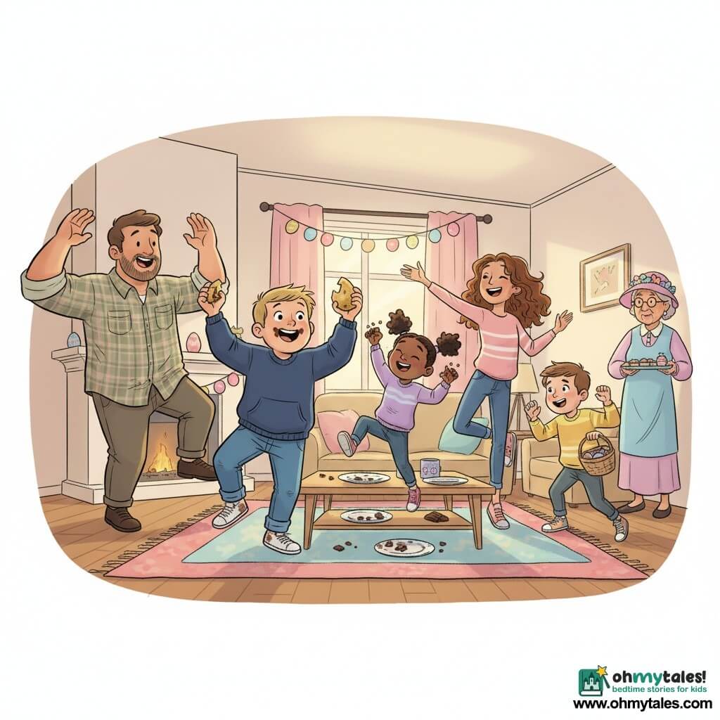A joyful 12-year-old boy with a round face and chocolate smudges at his mouth dances amazed while holding a piece of a large golden Easter egg, wearing a navy sweatshirt, jeans and slightly dirty white sneakers; his ~7-year-old sister with pigtails and candy-stained fingers bunny-hops beside him, a tall lively 12-year-old girl (Jada) with curly bob hair smiles and spins slightly to the right, a shy but smiling ~7-year-old boy (Theo) by the couch holds an empty basket and mimics the hero, an adult father in a rolled-sleeve plaid shirt exuberantly dances on the left, and an elderly Mrs. Patel in a floral hat and pastel dress brings a tray of sweets from the corner; the bright family living room has a colorful rug, a coffee table with empty plates and chocolate bits, pastel garlands and decorated eggs on the mantel, warm Easter morning light, and the scene—dynamic sharing and dancing after breaking the golden egg—is warm, convivial, and drawn in a kid-friendly European comic style with vivid colors and bold outlines.