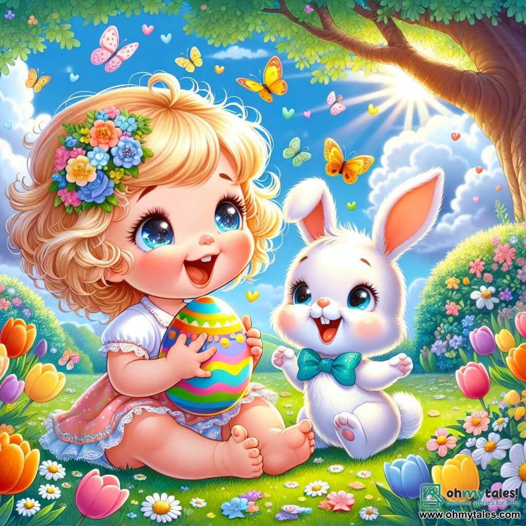 A one-year-old girl with curly blonde hair and sparkling joyful eyes holds a shiny rainbow Easter egg in her small hands. She smiles in wonder, her rosy cheeks illuminated by the sun. Next to her is a small rabbit named Benny, about two years old, an adorable white bunny with big ears and a blue bow tie. He joyfully hops around her, his bright eyes filled with excitement. The setting is a lush garden dotted with colorful flowers like tulips and daisies, under a majestic oak tree providing shade. The sky is a bright blue, scattered with fluffy white clouds. The scene depicts the little girl and Benny discovering the precious Easter egg together, surrounded by colorful butterflies dancing around them, creating a joyful and festive atmosphere.