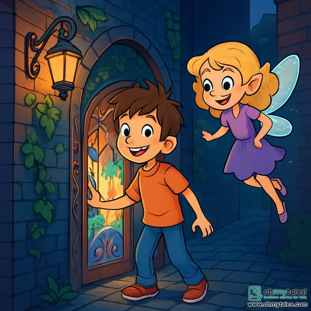 A 10-year-old boy with tousled brown hair and sparkling eyes stands in front of a small door adorned with fantastical patterns. His face shows wonder and excitement, with a broad smile lighting up his face. Next to him, a 10-year-old girl with curly blonde hair and mischievous shining eyes floats slightly in the air, her fairy wings shimmering brightly. She smiles, ready to encourage him on his adventure. The scene is set in a dark, narrow alley of Grimwick, with damp cobblestones and ancient brick walls covered in ivy. Wrought iron street lamps cast a golden light, creating a magical atmosphere. The slightly ajar door reveals a glimpse of colorful light and silhouettes of majestic trees. The main focus is on Oliver, the boy, hesitant yet determined, ready to step through the door into the world of Eldergrove, while Lyra, the girl, encourages him with a playful smile, ready to join him on this fantastic adventure.