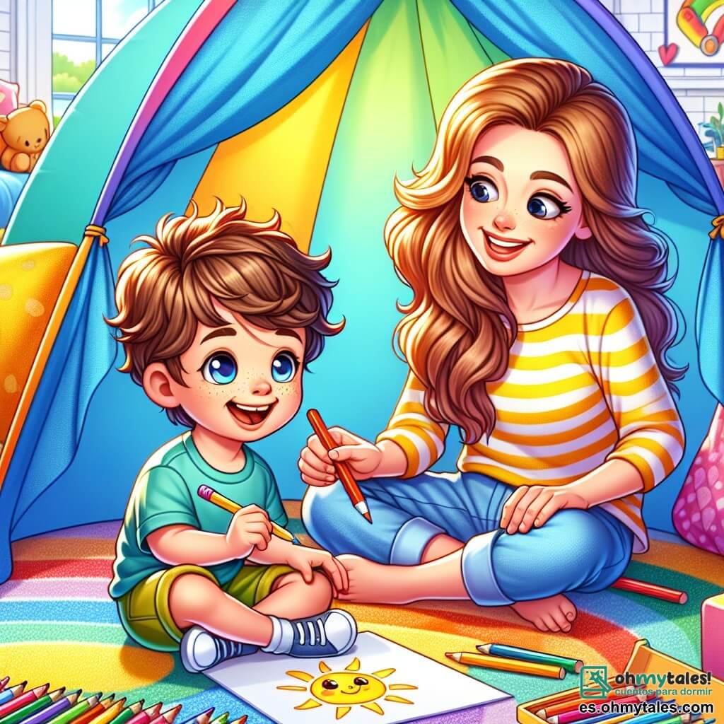 Un niño de 4 años, Lucas, con cabello castaño desordenado y ojos brillantes de alegría, está sentado en una gran tienda hecha de sábanas de colores en la sala. Sonríe ampliamente, sosteniendo un lápiz en su mano, listo para dibujar un sol. A su lado, su mamá, una mujer de unos 30 años con cabello largo y rubio, lo anima con una sonrisa cálida, sentada en el suelo, rodeada de lápices de colores. La sala es luminosa, con cojines de colores esparcidos y juguetes desordenados, creando una atmósfera alegre y acogedora. Lucas está dibujando, concentrado y feliz, mientras su mamá lo observa con orgullo, creando un momento mágico de creatividad y complicidad.