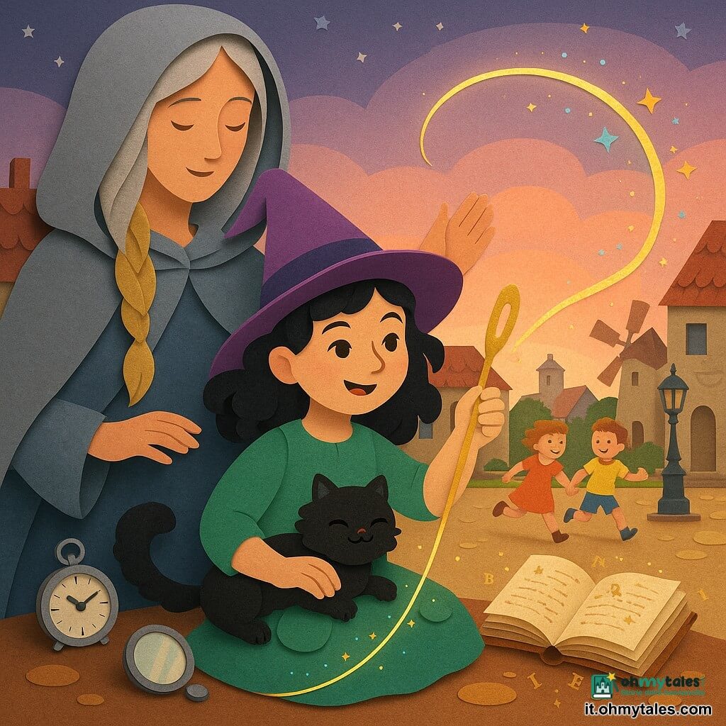 Una giovane strega, Viola, sorridente e concentrata, capelli neri lucidi a ciocca riccioluta, cappello a punta viola, veste verde con tasche, tiene un grande ago d'oro e cuce un filo scintillante nell'aria; dietro di lei una donna adulta mistica e benevola con mantello argentato e cappuccio e lunga treccia dorata la sostiene con la mano alzata; un piccolo gatto nero e rotondo è sulle ginocchia di Viola; sullo sfondo due bambini (una bambina e un ragazzo di 6–7 anni) corrono verso la piazza; la piazza lastricata di pietre ocra è circondata da case di pietra con tetti rossi, lampioni in ferro battuto, una fontana e un vecchio mulino; vicino a Viola sul pavimento: una piccola sveglia argentata con lancette invertite, uno specchio rotondo su una pietra lucente e un vecchio libro di cuoio aperto da cui salgono lettere dorate; Viola sta cucendo il velo tra due mondi con un filo d'oro luminoso che forma un arco di punti colorati, atmosfera di alba con stelle che si spengono e luce rosa-arancione all'orizzonte; stile carta ritagliata, bordi netti, texture cartacee, colori vivaci, ombre semplici e forme pulite.