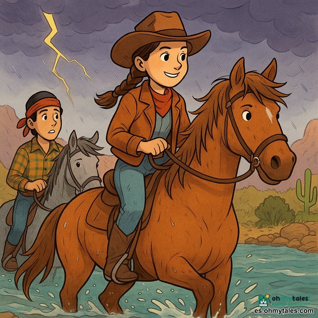 Mujer vaquera valiente y sonriente, pelo castaño trenzado, sombrero de fieltro marrón, chaqueta de cuero rojiza y botas polvorientas, montada en un gran caballo alazán llamado Trueno, mirada decidida y ojos llenos de esperanza; a su izquierda un vaquero de unos 25 años, pelo negro bajo un bandana rojo y camisa de cuadros, sostiene la brida de su caballo gris a unos pasos en el agua, con gesto alentador y algo preocupado; ambos caballos con gotas de agua en el pelaje, cascos en agua fangosa y crines al viento de la tormenta; escenario: orilla de un amplio río azulverdoso con remolinos, bancos pedregosos, hierbas secas, cactus y arbustos, montañas áridas al fondo bajo un cielo de nubes violetas y grises; situación: cruzan el vado bajo una llovizna naciente, salpicaduras alrededor de los cascos y un relámpago distante, atmósfera de aventura valiente pero segura; estilo: colores cálidos para los personajes (marrones, rojos, ocres), texturas y líneas nítidas, expresiones exageradas y amigables para niños, ambiente luminoso pese a la tormenta.