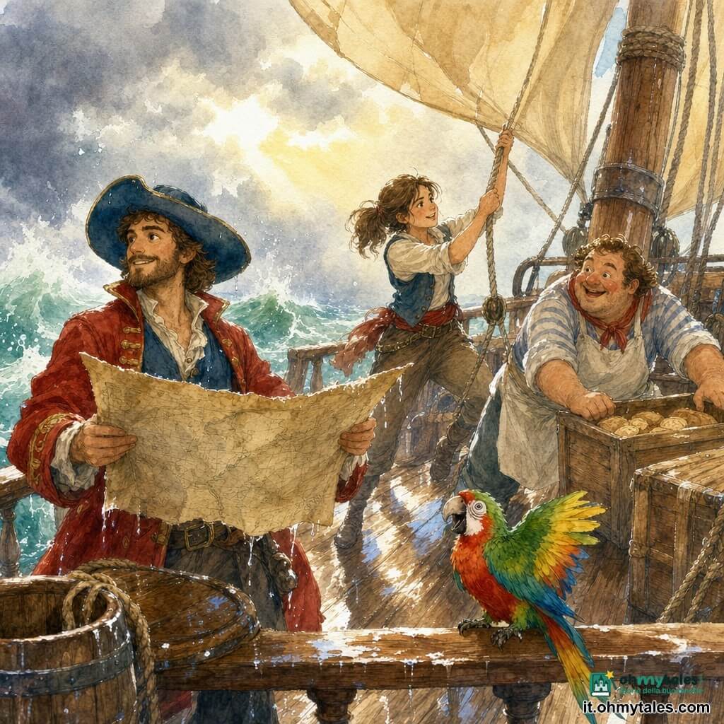 Il capitano Rino sorride sicuro con barba, cappello blu largo e giacca rossa, tiene una mappa bagnata e guida le manovre sul ponte di legno della piccola fregata "Stella Salata"; Mina, bruna con coda di cavallo, tira una cima vicino all'albero; Tito, paffuto con grembiule, spinge una cassa di biscotti verso il centro; il pappagallo colorato Pillo è sulla ringhiera a battere le ali gridando "Biscotti!"; corde umide, grande vela beige gonfia, onde verdi che spruzzano e cielo grigio che si schiarisce: l'equipaggio sistema casse e tende le corde mentre la tempesta si placa, scena di lavoro di squadra con colori acquerellati e texture di legno e acqua.