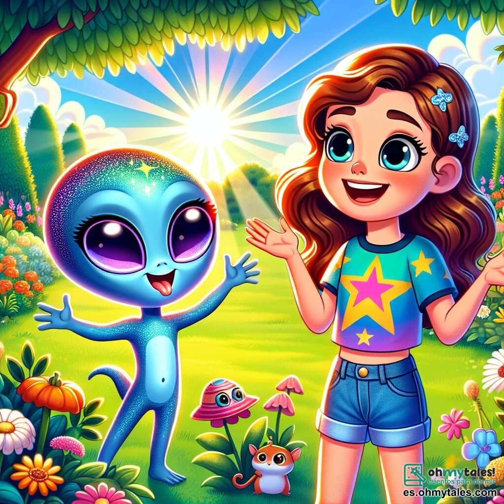 Una niña de 11 años, Clara, está en el centro de la imagen, con grandes ojos brillantes de curiosidad y cabello castaño ondulado que cae sobre sus hombros. Lleva una camiseta colorida con estampados de estrellas y un short de mezclilla, sonriendo con asombro al mirar a un pequeño extraterrestre azul llamado Zorak, que tiene piel brillante y grandes ojos morados. Zorak, de aproximadamente un metro de altura, está a su lado, con los brazos levantados en señal de alegría, mientras muestra su pequeña nave espacial que brilla al sol. Al fondo, se ve un jardín exuberante lleno de flores coloridas, con árboles verdes y un cielo azul salpicado de nubes blancas esponjosas. La luz del sol ilumina la escena, creando una atmósfera mágica y alegre. Clara y Zorak están rodeados de pequeños animales del jardín, curiosos por descubrir al extraterrestre. La situación principal muestra a Clara y Zorak encontrándose por primera vez, con Clara expresando su sorpresa y alegría, mientras Zorak, emocionado, explica que necesita ayuda para reparar su nave espacial.