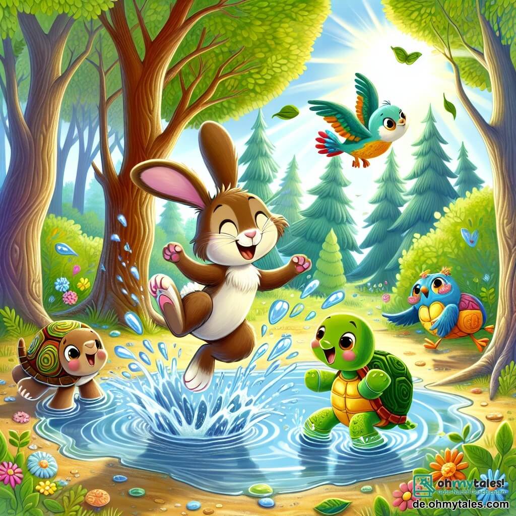 Ein kleiner Hase namens Max mit weichem, braunem Fell, großen Ohren und funkelnden Augen springt in eine große Wasserpfütze und spritzt Wasser um sich, während er breit lächelt. Neben ihm lacht eine Schildkröte namens Tina mit einem grünen Panzer und runden Augen, während sie versucht, nicht in die Pfütze zu fallen. Ein bunter Vogel namens Peter mit gelben und blauen Federn fliegt über sie und beobachtet sie amüsiert. Die Szenerie ist ein verwunschener Wald mit dicken Baumstämmen, leuchtend grünen Blättern und bunten Blumen rund um die Pfütze. Die Sonne scheint durch die Äste und wirft tanzende Schatten auf den Boden. Max und seine Freunde haben Spaß, spritzen Wasser und lachen, während sie entdecken, dass sie nicht mit den Wolken tanzen, sondern in einer Wasserpfütze spielen.