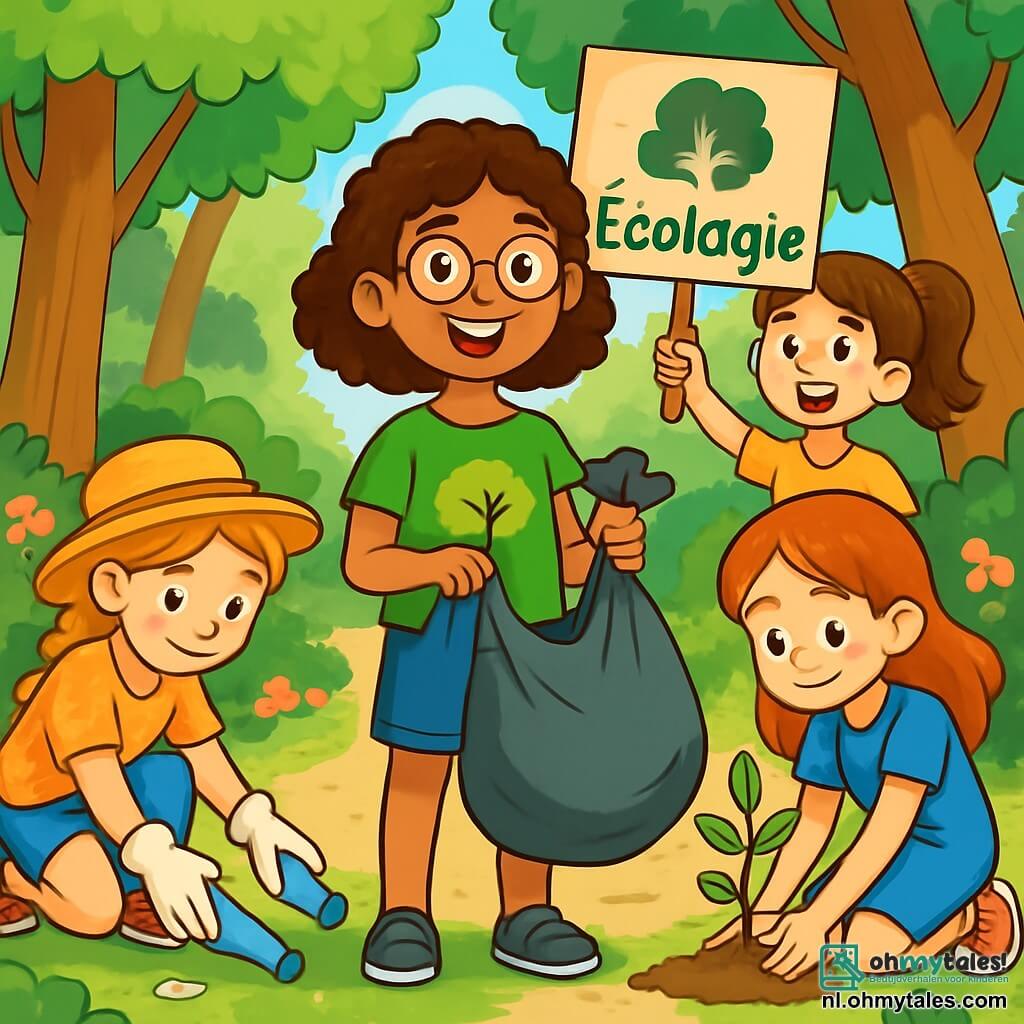 Er zijn 4 kinderen: Emma, een 11-jarig meisje met krullend bruin haar en ronde bril, draagt een groene t-shirt met een boomtekening en een spijkerbroek. Ze staat in het midden met een vuilniszak en glimlacht. Lotte, een 12-jarig meisje met gevlochten blond haar en een strohoed, is gekleed in een bloemenblouse en sandalen. Ze zit op de grond aan de linkerkant van Emma en raapt afval op met een handschoen. Fleur, een 11-jarig meisje met rood haar en sproeten, draagt een blauwe jurk en sneakers. Ze plant een jonge boom aan de rechterkant van Emma. Sophie, een 12-jarig meisje met kastanjebruin haar in een paardenstaart, draagt een gele t-shirt en cargo broek. Ze houdt een bord met het woord "Ecologie" achter Emma en glimlacht. De locatie is een prachtig groen bos met majestueuze bomen, kleurrijke bloemen en een kronkelig pad. De kinderen zijn actief bezig met het schoonmaken van het bos, wat een vrolijke en energieke sfeer creëert, die hun inzet voor natuurbehoud illustreert.