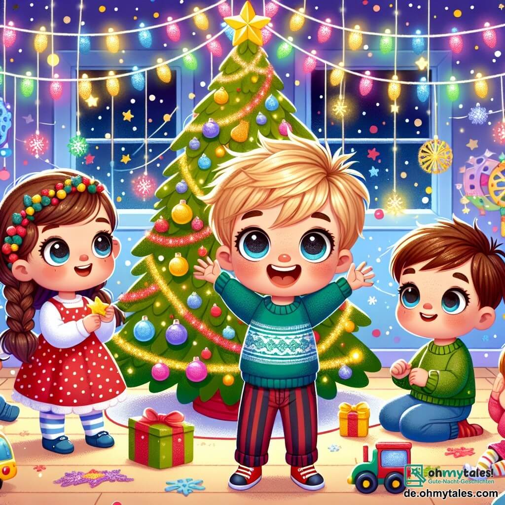 Ein einjähriger Junge namens Max mit zerzausten blonden Haaren und großen leuchtenden Augen steht vor einem wunderschönen Weihnachtsbaum. Er hat ein großes, erstauntes Lächeln im Gesicht und hebt die Arme vor Freude. Neben ihm steht seine fünfjährige Freundin Emma mit geflochtenen braunen Haaren in einem roten Kleid mit weißen Punkten, die gerade eine Lichterkette am Baum aufhängt. Ein anderer Junge, Lucas, vier Jahre alt, mit braunen Haaren und einem grünen Pullover, sitzt auf dem Boden, umgeben von bunten Spielzeugen, und spielt mit einem kleinen Auto. Die Szene spielt in einem weihnachtlich dekorierten Klassenzimmer mit glitzernden Girlanden an den Wänden, Papier-Schneeflocken von der Decke hängend und bunten Lichtern, die den Raum erhellen. Max entdeckt den strahlenden Weihnachtsbaum voller leuchtender Dekorationen und bunter Geschenke, während seine Freunde Weihnachtslieder singen und eine fröhliche, festliche Atmosphäre schaffen.