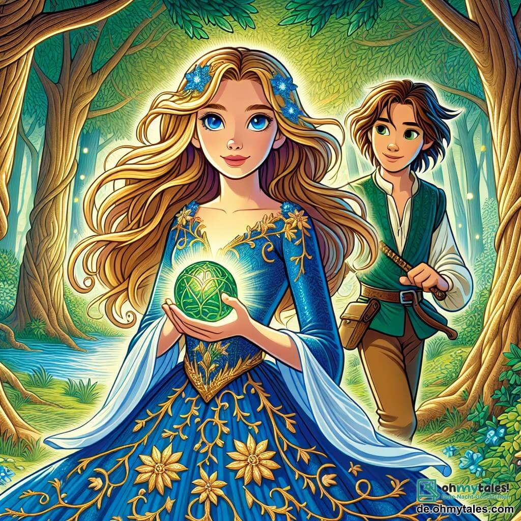 Die Prinzessin Elara, eine junge Frau mit langen goldenen Haaren und funkelnden Augen voller Entschlossenheit, steht im Mittelpunkt der Szene und hält eine kleine, smaragdgrüne Lichtkugel in ihrer Hand. Ihr Gesicht strahlt Mut und Hoffnung aus, während sie ein blaues Samtkleid mit goldenen Blumenmustern trägt, das sanft um sie weht. An ihrer Seite steht Arlin, ein etwa 12-jähriger Junge mit unordentlichen braunen Haaren und einem ermutigenden Lächeln, der ein kleines Holzschwert hält und bereit ist, sie auf ihrem Abenteuer zu unterstützen. Sie befinden sich in einer verzauberten Lichtung, umgeben von majestätischen Bäumen mit knorrigen Stämmen und funkelnden Blättern, durch die das Sonnenlicht sanft filtert und eine magische Atmosphäre schafft. Die Hauptsituation zeigt Elara und Arlin, entschlossen, die Elemente der Natur zu vereinen, um ihr Königreich zu retten, während ein sanfter Wind die Blätter um sie tanzen lässt und den Beginn ihrer großen Quest symbolisiert.
