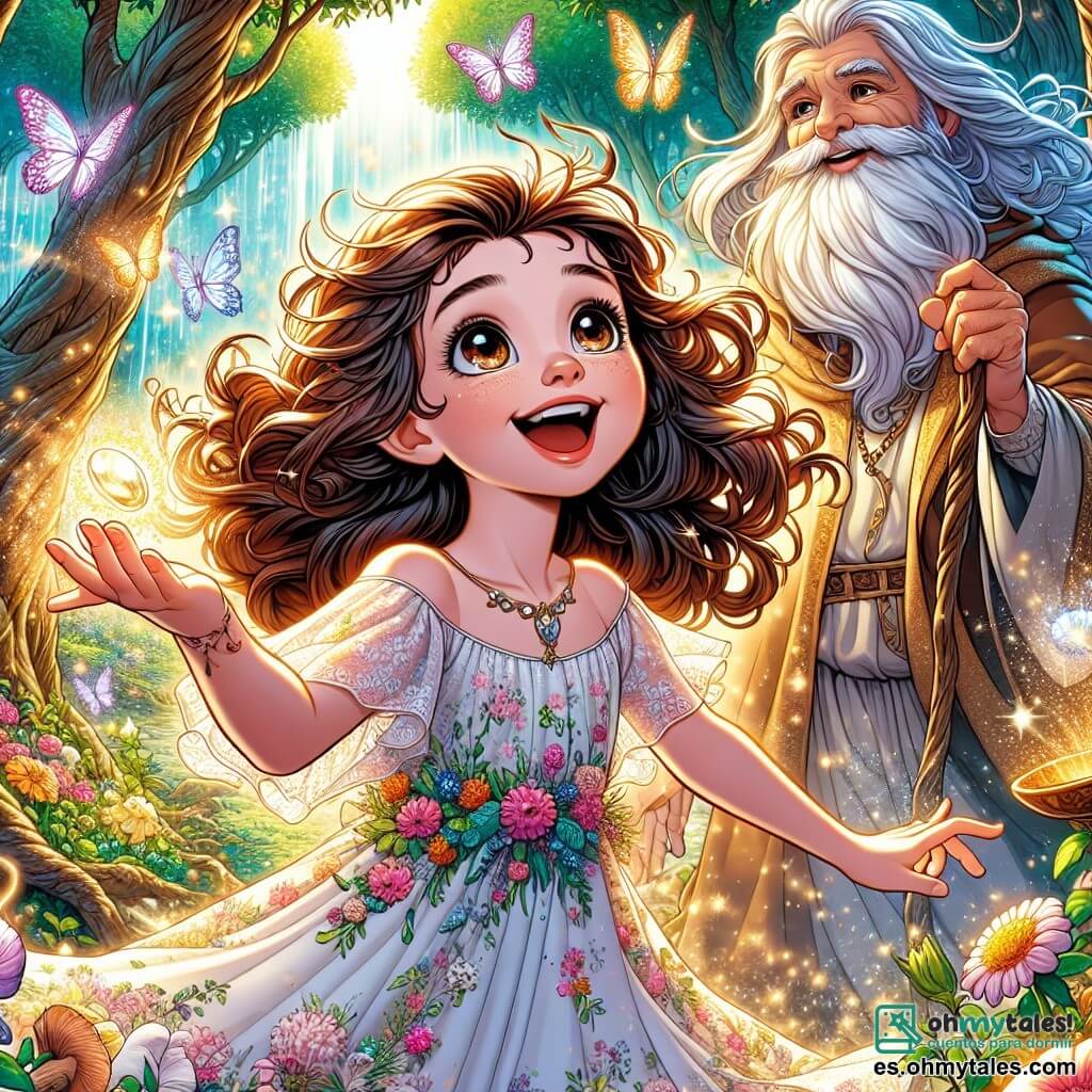 Una niña de 10 años, Clara, con cabello castaño rizado y ojos llenos de curiosidad, se encuentra en el centro de un jardín encantado, su rostro radiante de alegría y asombro. Lleva un vestido ligero de flores que danza con el viento y sostiene una piedra brillante en sus manos, mirando a su alrededor con una sonrisa asombrada. A su lado, un anciano, el Guardián de la Justicia, con una larga barba blanca y ojos sabios, observa a Clara con benevolencia. Viste una túnica dorada y está cerca de una majestuosa montaña, con la mano apoyada en una balanza de bronce, simbolizando el equilibrio. El jardín es un lugar mágico, lleno de flores coloridas, grandes árboles y una fuente de agua cristalina que brilla bajo el sol. Mariposas multicolores vuelan alrededor, añadiendo un toque de fantasía a la atmósfera. La escena principal muestra a Clara descubriendo el jardín, maravillada por la belleza que la rodea, mientras escucha atentamente los consejos del Guardián de la Justicia, lista para aprender lecciones importantes sobre la libertad y la moralidad.