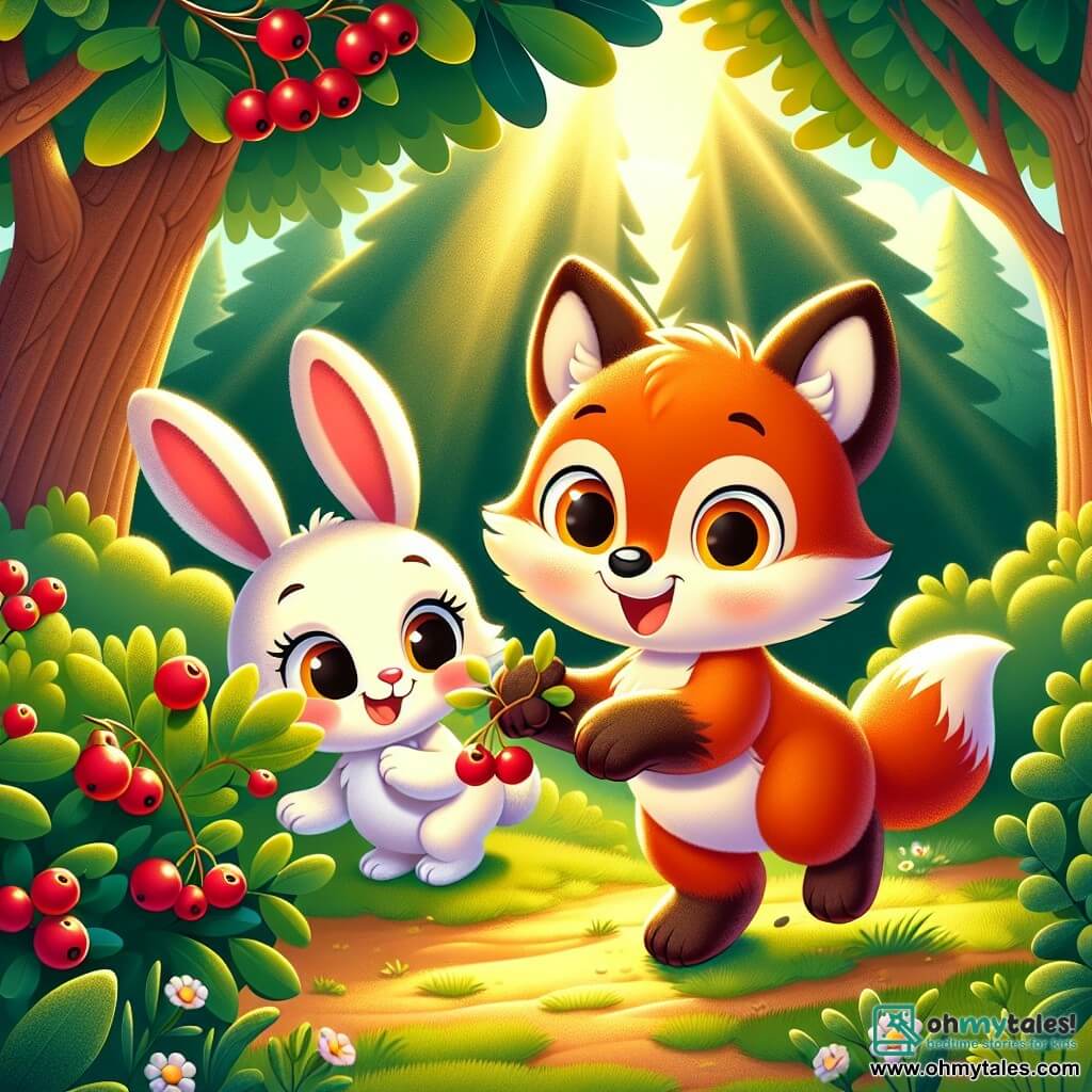 A small fox with bright eyes and reddish fur, wearing a curious and joyful expression, explores a sunny clearing, carefully looking at juicy red berries on a bush. Next to him, a sweet rabbit with large ears and white fur, sporting a warm smile, helps the fox pick the berries, standing slightly back, full of enthusiasm. The setting is a lush clearing surrounded by majestic trees with golden leaves, illuminated by sunlight filtering through the branches. The main scene shows the fox and the rabbit sharing a moment of companionship, laughing and having fun while searching for the best berries, highlighting the importance of friendship and collaboration.