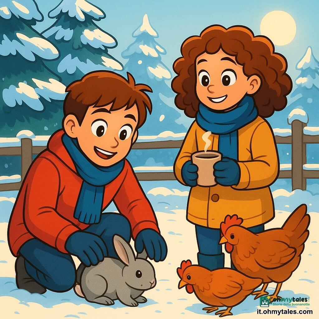 Un ragazzo di 12 anni, con capelli castani e occhi pieni di curiosità, si trova in un recinto pieno di neve scintillante. Indossa un cappotto rosso vivo, una sciarpa di lana blu e guanti spessi, con il viso che irradia gioia e meraviglia. Accanto a lui, sua sorella Chiara, una ragazza di 10 anni con capelli ricci e un sorriso splendente, osserva affascinata gli animali, tenendo in mano una tazza di cioccolata calda. Il recinto è circondato da alti abeti carichi di neve, e la luce dolce del sole invernale illumina la scena, creando delicate ombre sul terreno. Il ragazzo si accovaccia per accarezzare un piccolo coniglietto grigio, mentre delle galline beccano il terreno nelle vicinanze, aggiungendo vita a questo incantevole paesaggio invernale.