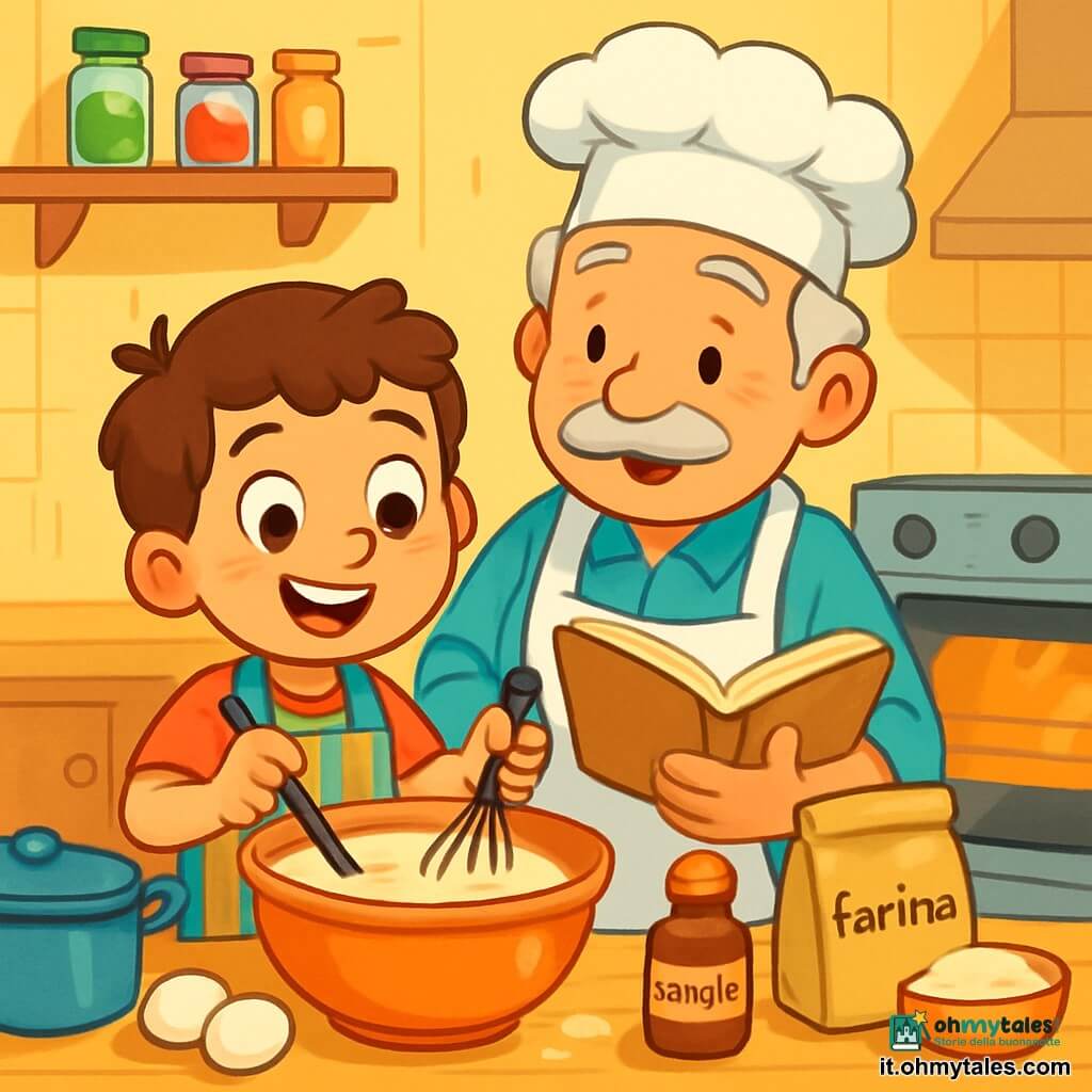 Un giovane ragazzo di nome Luca, con occhi brillanti e un grande sorriso, è in piedi in una cucina accogliente, circondato da pentole e casseruole. Indossa un grembiule a righe colorate e tiene una frusta, apparendo concentrato e felice mentre mescola gli ingredienti in una grande ciotola. Accanto a lui, suo nonno Gino, un uomo anziano con capelli grigi e baffi bianchi, sorride orgogliosamente osservando Luca. Indossa un cappello da chef e un grembiule bianco, tenendo un libro di ricette aperto in una mano. La cucina è luminosa, con pareti dipinte di giallo pastello, scaffali pieni di barattoli colorati e un grande forno in metallo lucido. Sul piano di lavoro, ingredienti come uova, farina e vaniglia sono sparsi, creando un'atmosfera di creatività culinaria. Luca sta preparando un soufflé, apparendo determinato ed entusiasta, mentre il forno emette un dolce calore, pronto ad accogliere il suo capolavoro.