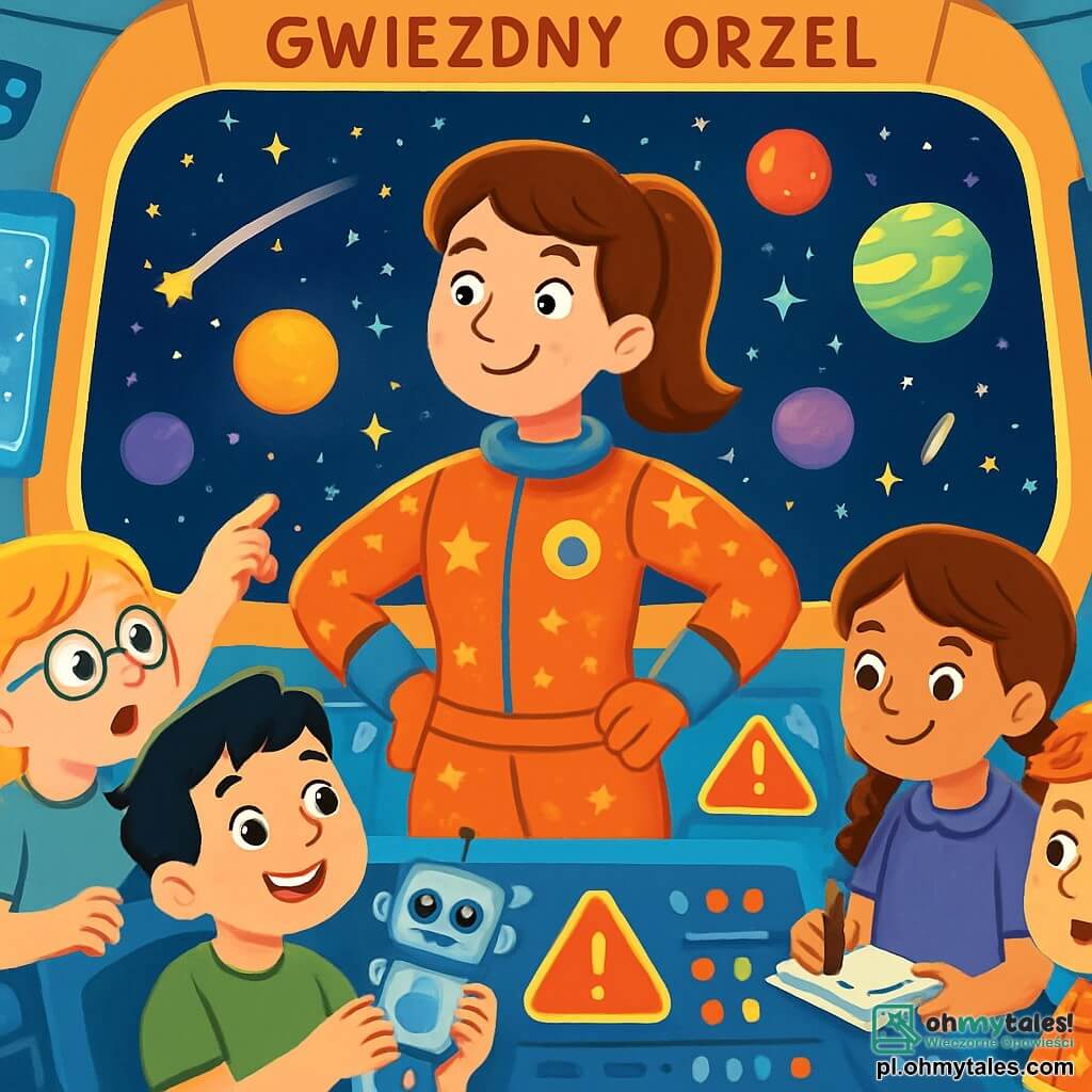 Kobieta pilot, o imieniu Maja, dumnie stoi w centrum mostka swojego statku kosmicznego „Gwiezdny Orzeł”. Ma brązowe włosy związane w kucyk, oczy pełne ciekawości i nosi błyszczący skafander z gwiezdnymi wzorami. Jej twarz wyraża radosną determinację, gdy obserwuje ekrany kontrolne. Obok niej grupa czterech dzieci w wieku około 10 lat podziwia panoramę. Dziewczynka z blond włosami i okularami wskazuje na spadającą gwiazdę, chłopiec z czarnymi włosami z zachwytem trzyma małego robota z plastiku. Inna dziewczynka, brunetka z warkoczami, robi notatki w zeszycie, podczas gdy chłopiec z rudymi włosami w koszulce w paski z fascynacją przygląda się świecącym przyciskom na panelu. Mostek jest wypełniony migoczącymi światłami i ekranami wyświetlającymi mapy gwiazd i dane o planetach. Przez dużą szklaną szybę widać nieskończone gwiaździste niebo, usiane kolorowymi planetami i jasnymi mgławicami. Główna sytuacja ukazuje Maję i dzieci w trakcie eksploracji, gdy na panelu rozlega się ostrzeżenie o tajemniczej anomalii kosmicznej w pobliżu. Na ich twarzach mieszają się ekscytacja i niepokój, gotowi na niesamowitą przygodę w nieznane.