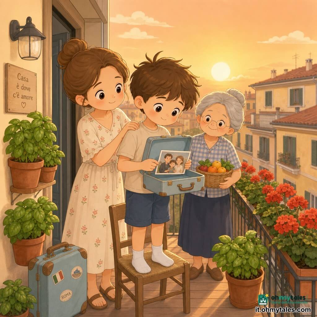 Un ragazzo di 10 anni coi capelli castani corti e ciocche ribelli, volto rotondo e sguardo dolce, in piedi su una piccola sedia sul balcone tiene una valigia azzurro pastello aperta e guarda con emozione una foto di famiglia; la mamma (circa 35 anni) coi capelli castani raccolti in uno chignon e un abito leggero a fiori è dietro a sinistra con la mano sulla sua spalla e un sorriso benevolo; la nonna (circa 65 anni) coi capelli grigi in chignon e una camicetta a quadri, leggermente indietro a destra, tiene un piccolo cesto di frutta e ha uno sguardo caloroso; il balcone è stretto con pavimento in legno chiaro, vasi di basilico e gerani rossi, vista su palazzi gialli e un cielo arancione al tramonto; scena calma e tenera, il ragazzo finisce di preparare la valigia mentre la famiglia lo incoraggia, luce soffusa, colori pastello, forme arrotondate in stile kawaii minimal.