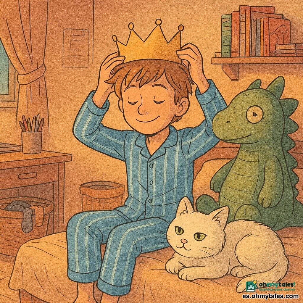 Un niño de 12 años, sonriente y sereno, cabello castaño claro despeinado, ojos avellana, con pijama azul a rayas blancas, sentado al borde de la cama colocando con orgullo una pequeña corona dorada de cartón en su cabeza; al pie de la cama, un gato blanco llamado Copo de pelaje esponjoso y ojos verdes medio cerrados ronronea tranquilo, y a un lado un gran peluche dragón verde llamado Bruno, desgastado pero tierno, vigila como guardián; la habitación es cálida y algo desordenada con estanterías de cómics, un escritorio con lápices y una lámpara amarilla que arroja luz tenue en tonos amarillos y naranjas, creando una atmósfera acogedora al final del día, estilo ilustrativo con contornos suaves y colores cálidos.