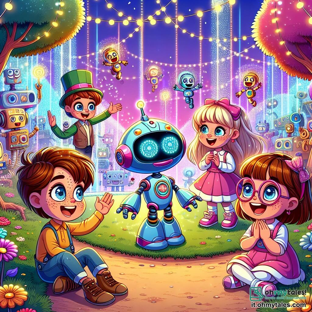 Quattro amici di cinque anni si trovano in un parco futuristico pieno di robot. Leo, un ragazzo dai capelli castani e dagli occhi scintillanti, ride mentre programma un robot blu che balla ai suoi piedi. Alla sua destra, Mia, una ragazza dai capelli biondi e con occhiali colorati, applaude gioiosamente, con gli occhi brillanti di eccitazione. Tom, un ragazzo dai capelli rossi e con lentiggini, si avvicina a un robot che canta, con la bocca aperta per lo stupore. Infine, Sara, una ragazza dai capelli castani e con un vestito rosa, è seduta su un'altalena a forma di nuvola, sorridendo mentre guarda i suoi amici. Il parco è un luogo magico, con alberi dai colori vivaci, fiori che cantano e robot di tutte le forme che si divertono con i bambini. Luci scintillanti illuminano il cielo, creando un'atmosfera gioiosa e accogliente. I bambini si divertono a programmare un robot per farlo ballare, ridendo e incoraggiandosi a vicenda in questa avventura piena di magia e scoperte.
