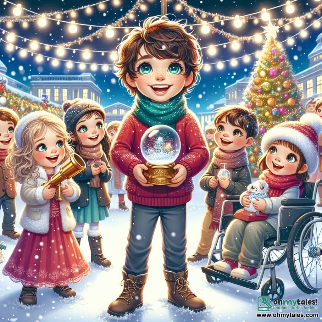 In a joyful and festive scene, Max, a 10-year-old boy with curly brown hair and sparkling green eyes, stands at the center holding a beautiful telescope. To his right, Emma, his 8-year-old sister with blonde hair and rosy cheeks, smiles while holding a small glittering snow globe. On the left, their friends are present: Jamie, a 9-year-old girl with curly hair in a red sweater, laughing happily, and Leo, a 10-year-old boy in a wheelchair, wearing glasses and beaming. Sophie, a 9-year-old girl with brown hair and a Christmas hat, stands next to Leo holding a small gift. The setting is a snowy schoolyard adorned with twinkling lights and a large Christmas tree decorated with colorful ornaments. Snowflakes gently fall from the sky, adding a magical touch to the atmosphere. The main scene shows the children sharing their snow globes with classmates, all smiling and amazed, while Santa Claus and cheerful elves parade in a decorated float, bringing gifts and magic to this Christmas day.