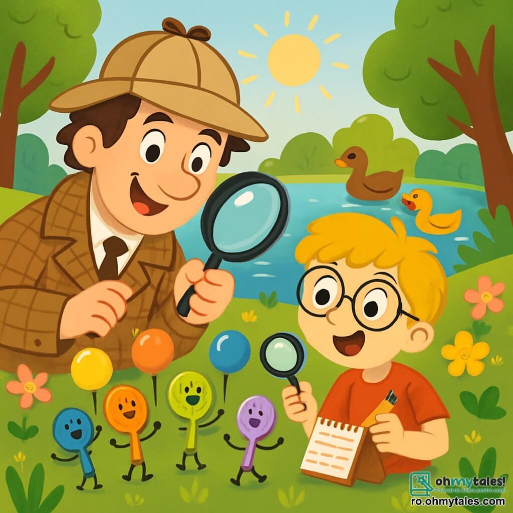 Un detectiv cu un zâmbet curios poartă o pălărie mare bej și o lupă în mână. Are părul castaniu și o jachetă în carouri care îi dă un aer jucăuș. Lângă el, un băiat de 8 ani, cu părul blond și ochelari rotunzi, se uită cu uimire la obiectele găsite. Ține o lupă mică și notează indicii într-un carnet. Scena se desfășoară lângă un iaz însorit, înconjurat de flori colorate și copaci mari verzi. Razele de lumină dansează pe apă, iar rațele înoată liniștit. Detectivul și băiatul descoperă cu surprindere un grup de rațe mici care se joacă cu baloane colorate, împrăștiate în jurul lor. Expresia de bucurie și uimire le luminează fețele când își dau seama că baloanele au fost luate de rațe.