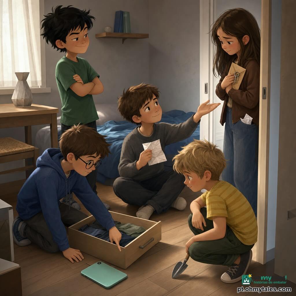 Cinco personagens: Tomás, menino de 9 anos, cabelo castanho curto, olhos calmos, suéter cinza, sentado no chão junto à escrivaninha segurando um bilhete aberto e olhando ternamente para Clara; Rui, menino de 9 anos, cabelo preto desgrenhado, sorriso maroto, camiseta verde, em pé com os braços cruzados à esquerda de Tomás; Bento, menino de 9 anos, cabelo castanho, olhos vivazes, óculos redondos e moletom azul, ajoelhado junto à gaveta apontando uma pastilha de menta no chão; Leo, menino de 9 anos, cabelo loiro bagunçado, expressão imaginativa, camiseta listrada amarela, agachado à direita de Tomás com uma pequena pá de brinquedo; Clara, menina de 12 anos, cabelos longos castanhos, jaqueta marrom meio aberta, expressão envergonhada e aliviada, em pé no batente do quarto segurando o envelope das chaves junto ao peito e com o bilhete amassado no bolso. Cena: quarto de hóspedes compacto com luz suave de manhã cinzenta, cama de cobertor azul amassado, escrivaninha de madeira clara com gaveta aberta, prateleira com dois livros, chão de tábuas claras com migalhas e pequena embalagem transparente de pastilhas; momento de revelação calma em cena íntima, atmosfera de curiosidade e alívio, foco no bilhete dobrado, na pastilha no chão e na mão estendida de Tomás.
