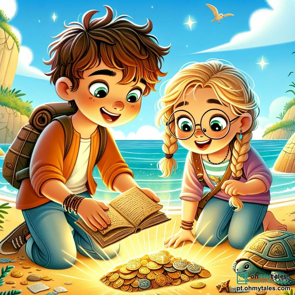 Um garoto de 12 anos, Tiago, com cabelos castanhos bagunçados e olhos brilhantes de curiosidade, está agachado no chão, segurando um caderno antigo, seu rosto iluminado pela excitação. Ao lado dele, sua melhor amiga Clara, uma menina de 12 anos com cabelos loiros trançados e óculos redondos, observa atentamente um velho pedaço de papel, com uma expressão concentrada. Eles estão em uma praia ensolarada, com dunas de areia dourada e ondas turquesa quebrando suavemente na costa. Ao fundo, uma formação rochosa em forma de tartaruga se ergue majestosa, cercada de vegetação. Tiago e Clara estão explorando, descobrindo um tesouro escondido, com luzes brilhando sobre moedas antigas e joias cintilantes, compartilhando um momento de alegria e aventura.