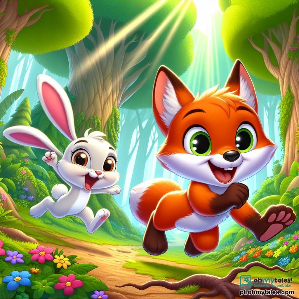Um pequeno raposo chamado Rafi, com um pelo laranja brilhante e olhos cheios de curiosidade, corre alegremente por uma floresta encantada, sua expressão cheia de determinação e felicidade. Ao seu lado, um coelhinho travesso chamado Tico, com grandes orelhas e um sorriso malicioso, salta com entusiasmo, incentivando Rafi a continuar. A cena ocorre em uma floresta mágica, onde as árvores são altas e majestosas, com folhas de um verde vibrante, e flores coloridas cobrem o chão, criando um tapete de cores vivas. Raios de sol penetram através da folhagem, iluminando o caminho que os dois amigos seguem. Rafi tropeça em uma raiz, mas com a ajuda de Tico, ele se levanta, pronto para enfrentar o desafio da corrida. Os dois amigos estão cercados pela beleza da natureza, simbolizando a amizade e a coragem diante dos obstáculos.