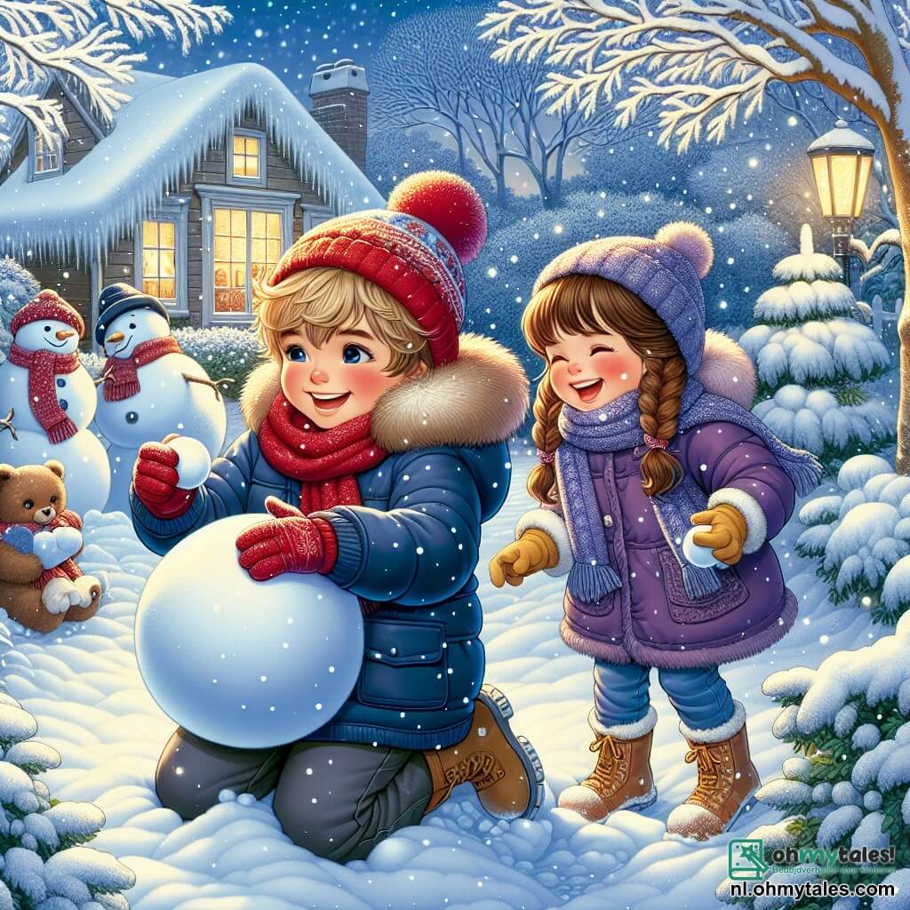 In een betoverend winterlandschap staan twee kinderen in het midden van de scène. Lars, een 12-jarig jongetje met rommelig blond haar en roze wangen, draagt een grote blauwe jas en een rode muts. Hij glimlacht vrolijk terwijl hij een grote sneeuwbal rolt om een sneeuwman te maken. Naast hem staat Noor, zijn 10-jarige zus, met bruin haar in twee staartjes en een paarse jas met gele handschoenen. Ze lacht terwijl ze een kleine sneeuwbal vasthoudt die klaar is om gegooid te worden. De achtergrond toont een betoverende tuin bedekt met een dikke laag glinsterende sneeuw, met bomen vol sneeuwvlokken. Op de achtergrond is een warm huis te zien met licht dat door de ramen straalt, wat een gezellige sfeer creëert. De scène toont het blije moment waarop Lars en Noor zich voorbereiden om hun sneeuwman te bouwen, omringd door vallende sneeuwvlokken en een sfeer van wintergeluk.