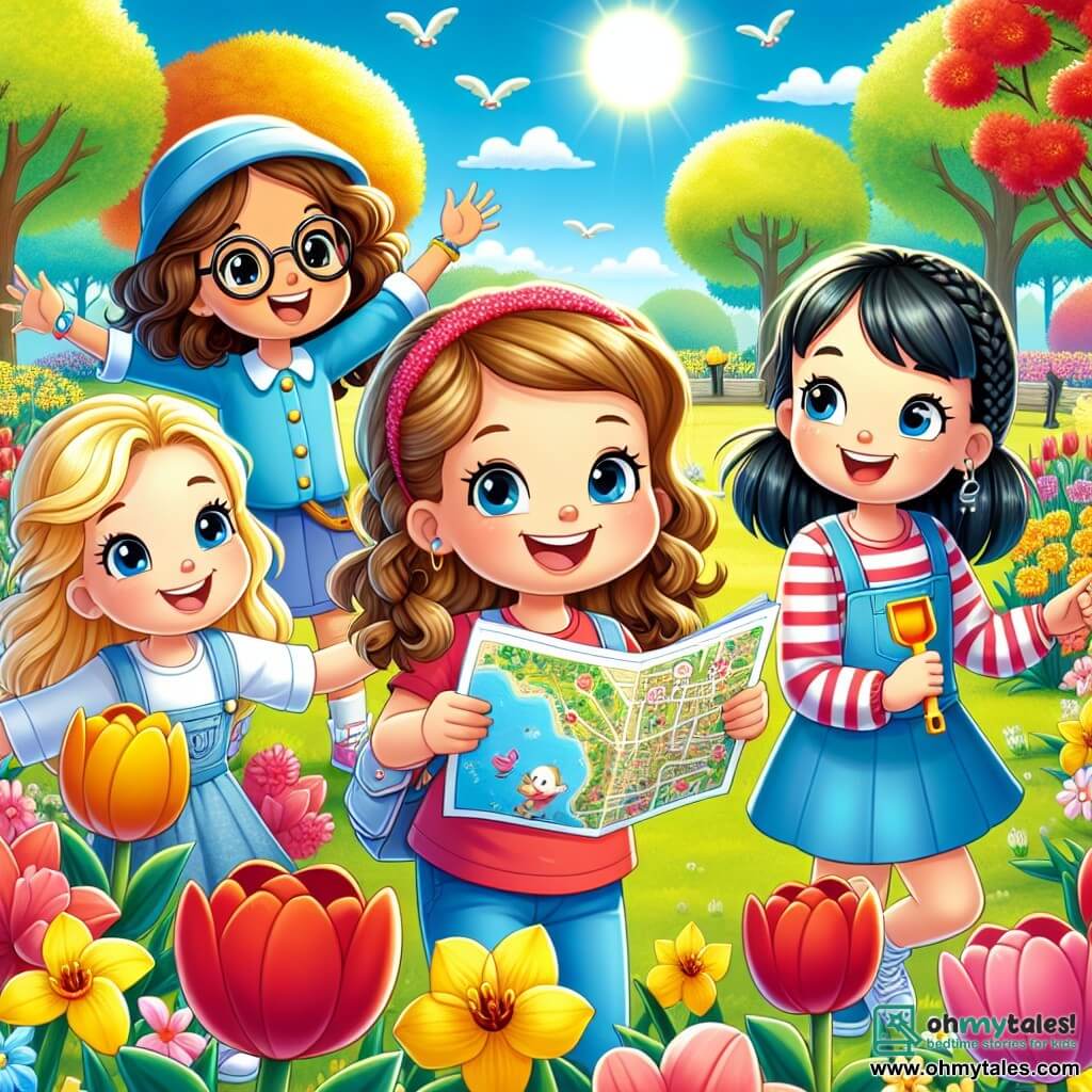 In a sunny park in Willowdale, four ten-year-old girls stand together, surrounded by colorful flowers. Mia, with brown hair and round glasses, joyfully smiles while holding a treasure map. To her right, Ella, with curly blonde hair, waves a small plastic shovel, ready to dig. On the left, Zoe, with black hair in a braid, points to a clue hidden under a flower. Finally, Lily, with smooth chestnut hair, takes notes in a notebook, focused on their treasure hunt. The park is filled with vibrant flowers, red tulips, and yellow daffodils, while birds sing in the lush trees. The sky is bright blue, dotted with fluffy white clouds, and a sweet spring scent lingers in the air. The four friends are engaged in a treasure hunt, searching for hidden clues among the flowers, with laughter and smiles lighting up their faces.
