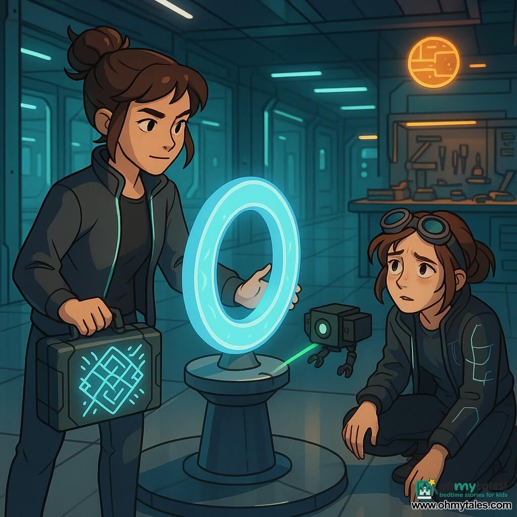 Nova Quill is a young woman with a determined, kind expression, messy brown bun, graphite-gray jacket with neon stitching, holding a small illuminated-case and stabilizing a pale blue ring of energy with her hands; Prism Wren, about 25, looks contrite and feverish with goggles on her forehead and a reflective circuit-patterned jacket, crouches by a black drone to Nova’s right and hesitantly reaches for the case; Sparkbug is a small boxy black drone with a green camera eye and tiny articulated tools, hovering and projecting a thin green beam onto the case; Sunny is a small yellow-orange holographic sphere emitting data lines and a comforting glow above a wall screen. The scene is a central chamber of a futuristic lab with polished metal floors, glass walls showing corridors, a large blue light ring on a pedestal, cluttered workbenches and neon-contrast lighting. Main situation: a tense but nonviolent confrontation—Nova steadies the blue energy ring while Prism awkwardly tries to access the tech case amid flashing lights and hanging wires, creating a suspenseful, luminous atmosphere.