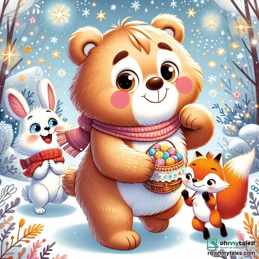 În centrul imaginii, un ursuleț de pluș adorabil numit Ursule, cu blană maro deschis și ochi mari și rotunzi, zâmbește fericit ținând un coș elegant plin cu dulciuri colorate. La dreapta lui, o vulpe jucăușă, Vulpița, cu blană portocalie strălucitoare și o coadă pufoasă, sare de bucurie, cu ochii strălucind de șiretenie. La stânga, un iepuraș alb, Iepurașul, cu urechi mari și un zâmbet strălucitor, aplaudă entuziast, cu labele din spate ușor ridicate, ca și cum ar fi pe cale să sară de bucurie. În fundal, o fântână arteziană strălucitoare, înconjurată de fulgi de zăpadă strălucitori, creează o atmosferă magică, în timp ce copacii acoperiți de zăpadă se înalță măreț, cu crengile încărcate de zăpadă. Scena reprezintă un moment de fericire pură, unde Ursule și prietenii săi celebrează descoperirea unei surprize de Ziua Îndrăgostiților, înconjurați de râsete și dulciuri, într-un parc de iarnă feeric.