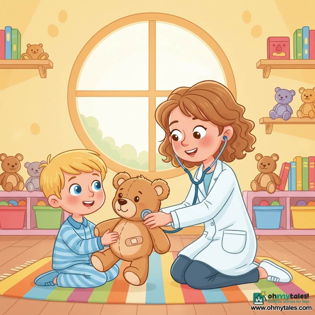 A smiling female doctor with light brown curly hair, wearing a clean white coat and a blue stethoscope, kneels to listen to a large light-brown teddy bear with a small belly bandage placed on a low white table; to her left is Timmy, a about 4-year-old blond boy with big blue eyes in striped pajamas holding his teddy, looking reassured and smiling; the bright playroom has a colorful rug, soft pastel yellow walls, shelves with books and toys, and a round window letting in warm morning light; tender, comforting scene with simple rounded shapes, soft textures, vivid contrasting colors, and a clear centered composition for toddlers.