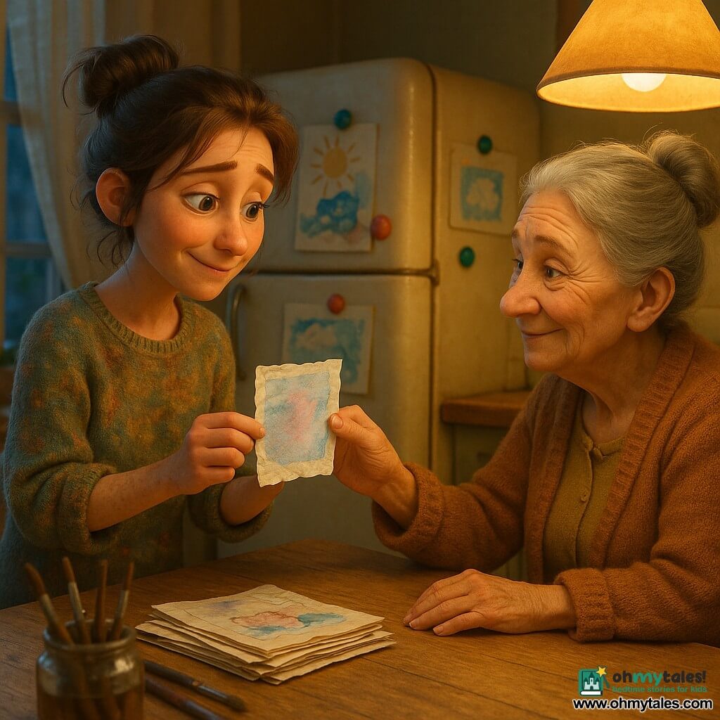 A woman artist in her thirties with brown hair in a messy bun and a worn paint-stained sweater, face relieved and gentle, shyly offers a small creased illustration; an older aunt of about 60 with grey hair in a bun, wrinkled skin but kind eyes, wearing a warm cardigan, sits by a table under a soft yellow-shaded lamp and accepts the paper with emotion to pin on the fridge; the cozy kitchen has light vintage tiles, a magnetic fridge with colorful magnets, a worn wooden table, sheer curtains and a small pile of drawings and brushes; the scene focuses on the tender exchange of a blue-pink ink-and-wash drawing being handed over and gently attached to the fridge, with warm colors, soft contrasts and textured details like dried paint, creased edges and a shiny magnet.