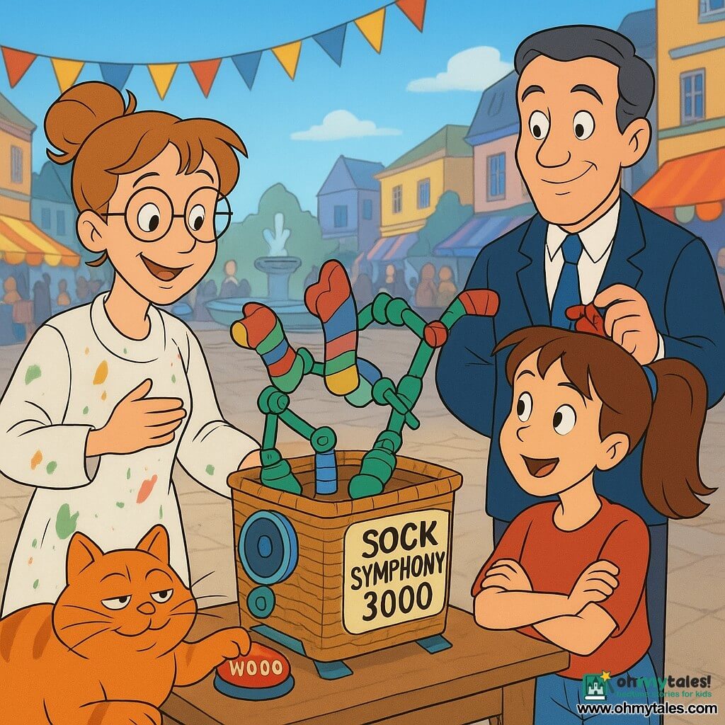 An inventive, shy but radiant adult woman with light brown hair in a messy bun and round glasses, paint- and sawdust-stained smock, timidly smiling and proudly showing a colorful mechanical laundry basket (Sock Symphony 3000) on a table; a ~12-year-old girl (Tessa) with brown hair in a ponytail, arms crossed then surprised and amused, stands to the right observing; an elegant middle-aged man (the mayor, ~50) with a ceremonial scarf smiles from slightly left rear holding a ribbon; a large lazy orange cat (Captain Pickles) sits on the table by an explanatory sign with a paw on a button labeled WOOO, mischievous; backdrop of the town main street with colorful stalls, banners, central fountain, light cobbles and a blue sky; the machine is a converted wicker basket with green rubber rollers, recycled-plastic articulated arms, a round speaker and a small cardboard sign, multicolored socks hang and a matched pair has just been sorted; scene: a public parade demonstration where the machine recognized a sock pair and played a joyful fanfare, the woman proud but flustered, the girl amused and surprised, the mayor approving, and the cat ready to trigger another sound.